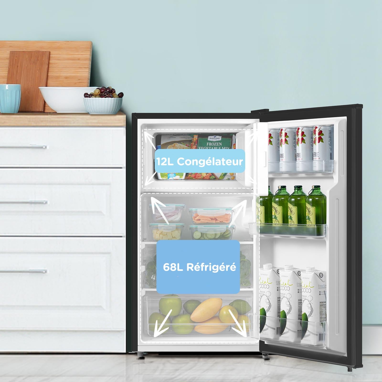 Comfee Réfrigérateur Table Top - 80L(12+68) - Classe D - Compresseur Inverter - 44.5*47.5*84.5 cm - Noir Classique - 6