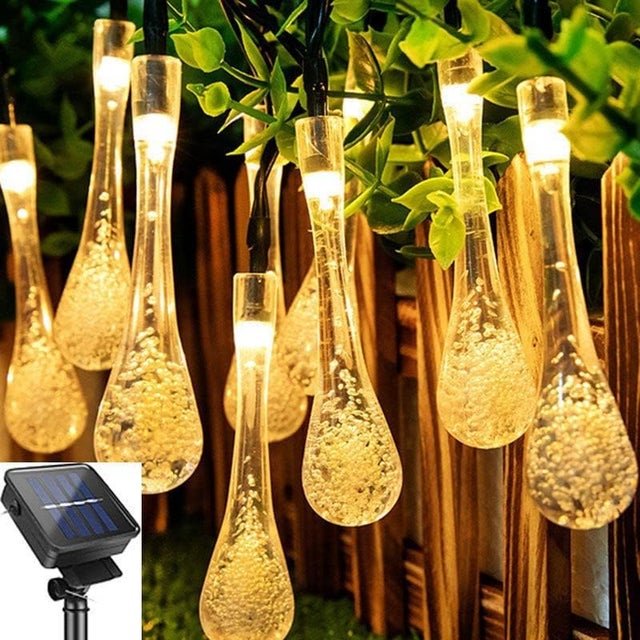Zewnętrzne lampki solarne, 20 diod LED, w kształcie kryształowej kropli deszczu, wodoodporne, 4,8 m, idealne do dekoracji tarasów i ogrodzeń, ciepłe b