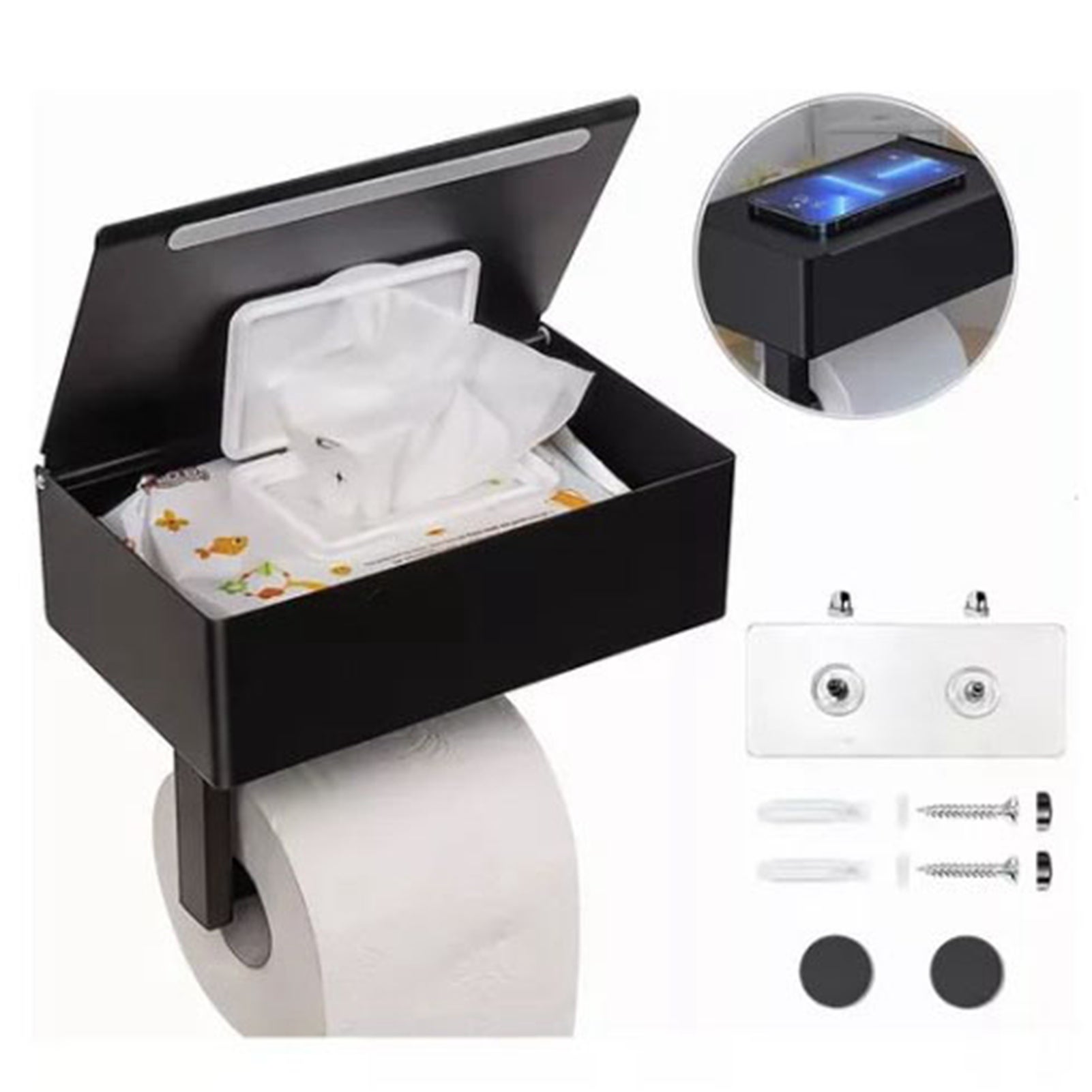 Boîte à mouchoirs en acier inoxydable noir avec porte-rouleaux de papier sans perforation Porte-carton pour papier hygiénique - 2