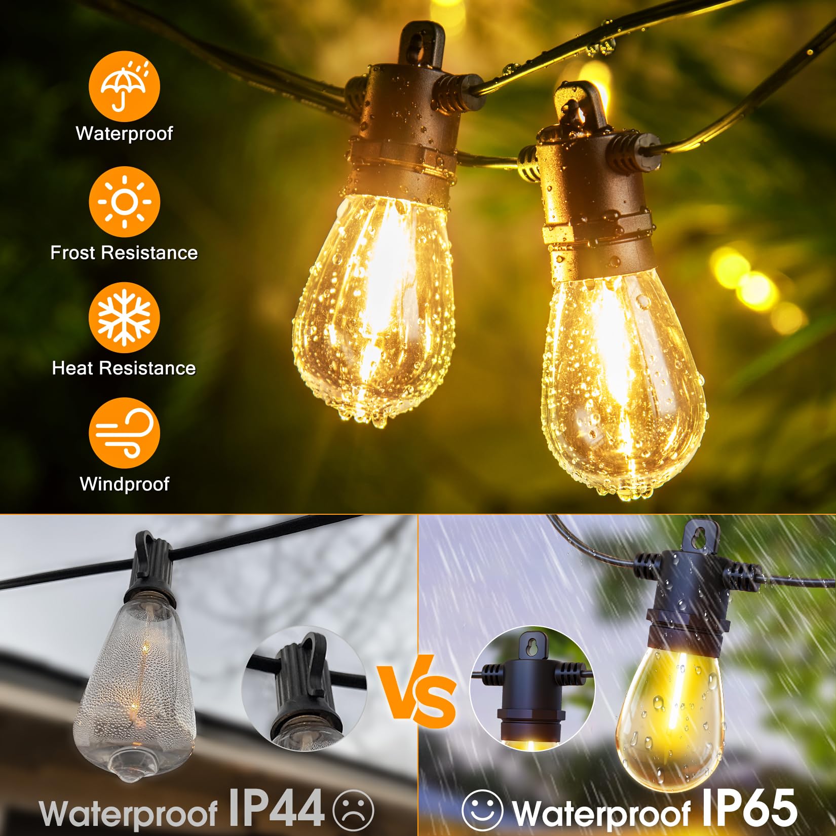 20 M Guirlande lumineuse d'extérieur à LED avec télécommande et 30+2 ampoules LED S14, IP65, lumière blanche chaude, pour jardin, une véranda, café - 5