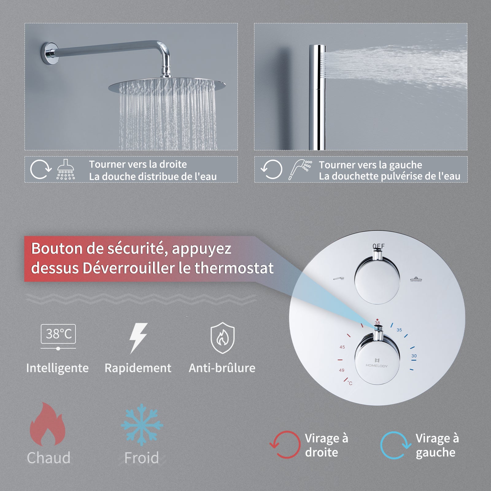 Encastré Colonne de Douche Thermostatique Système de Douche Rond Grande Douche de Tête Set de Douche Encastrée en Laiton Chromé Design Moderne - 4