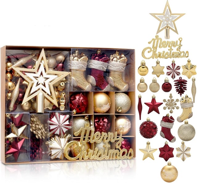 Conjunto de enfeites para árvore de Natal nas cores vermelho e dourado; kit com 70 peças de enfeites suspensos coloridos