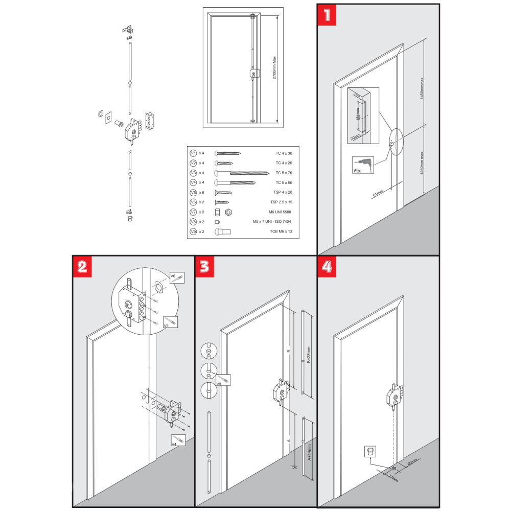 Serrure de sûreté pour porte d'entrée avec tringles - En Applique - 6 points - Blanc - Gauche - Axe 60 mm - 5 clés - SECURY-T - 4
