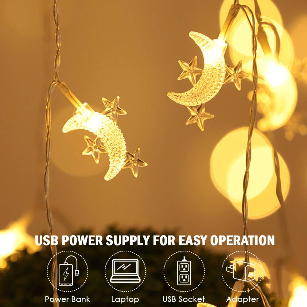Guirlande lumineuse en forme de lune et d'étoile, 6 m, 40 pièces, alimentée par USB, décoration pour Noël, mariage, anniversaire, Saint-Valentin - 2