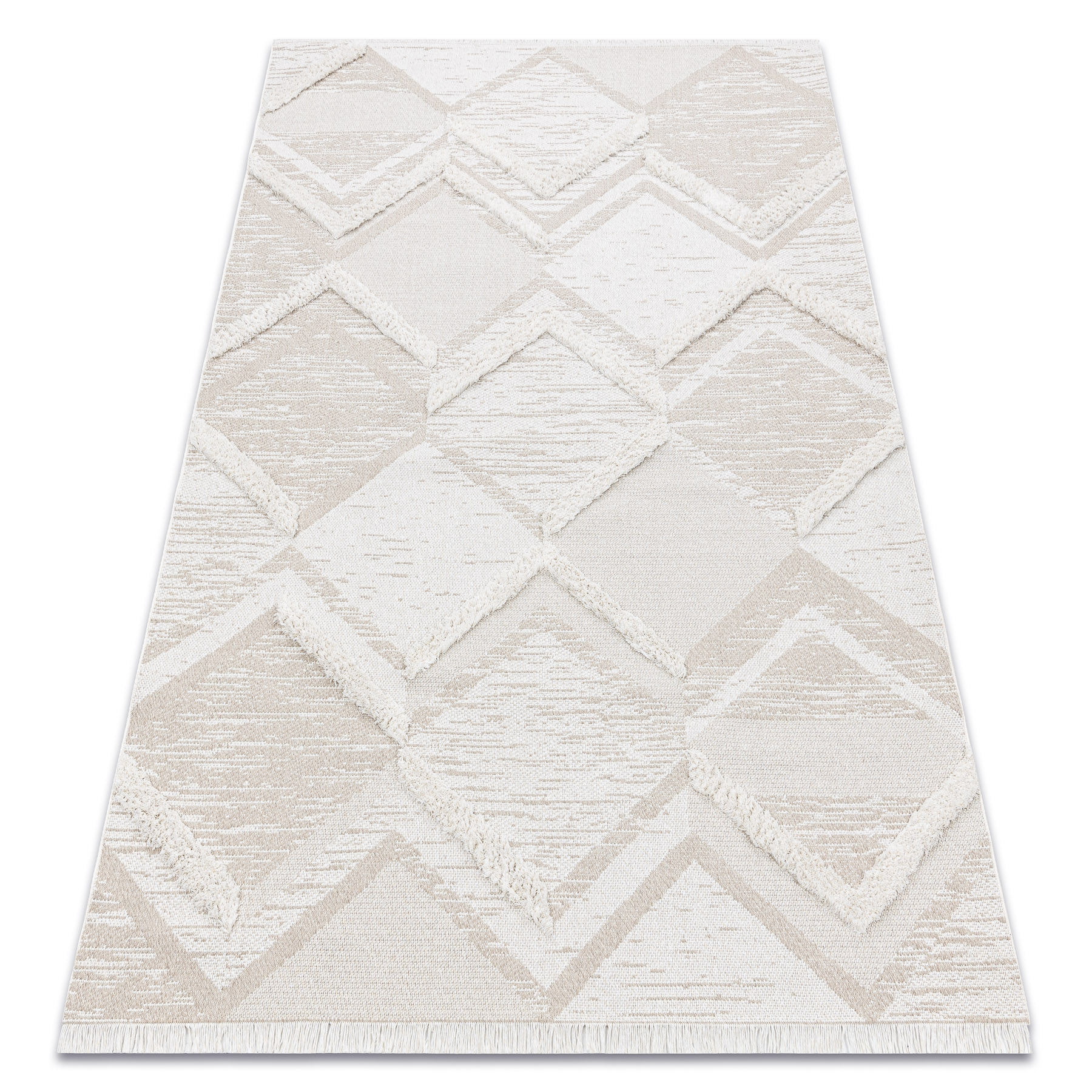 Alfombra eco sisal moroc 22314 rombos, zigzag, boho franjas - estructural beige / crema 136x190 cm