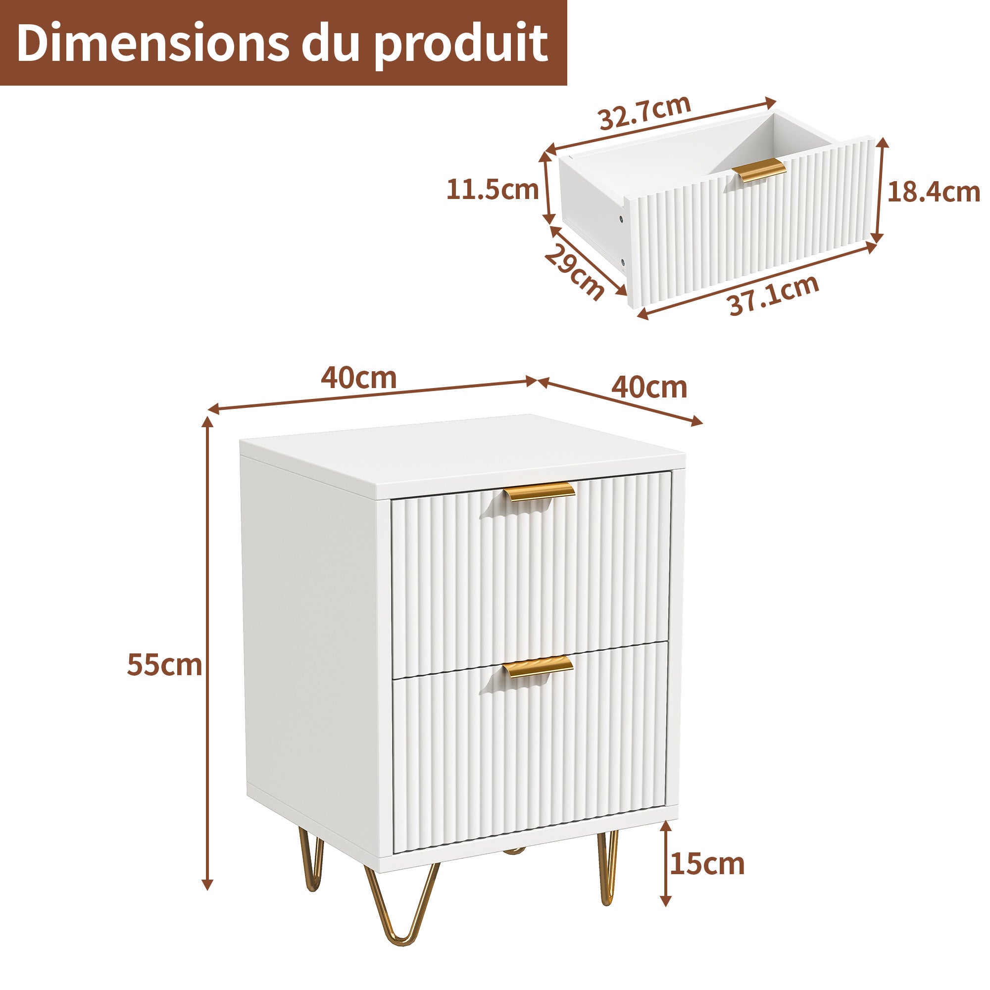 Lot de 2 tables de chevets - 2 tiroirs coulissants - Façade ondulée - Piètement épingle métal doré - Panneau de particules blanc - 5