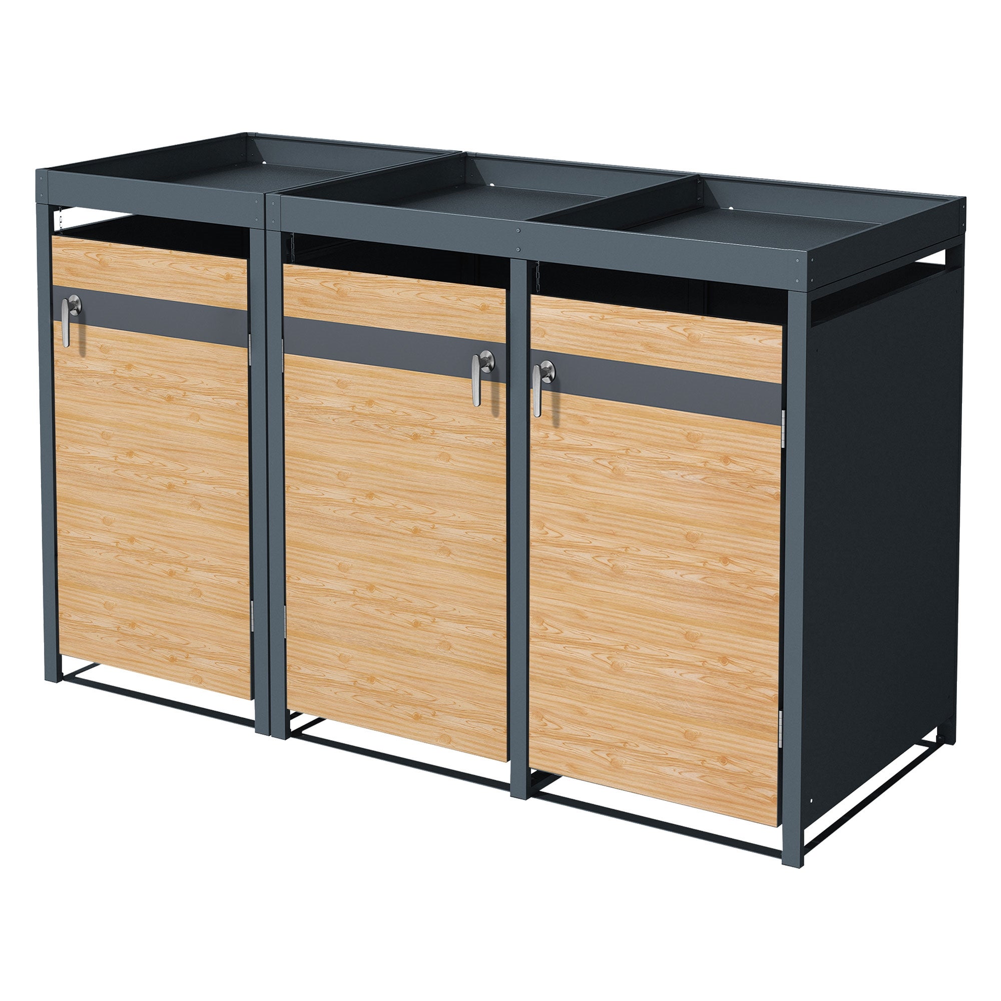 ML-Design pojemnik na śmieci z daszkiem na 3 kosz 240 L 200x80x124 cm stalowy modrzewiowy z drzwiczkami zamykany odporny na warunki atmosferyczne
