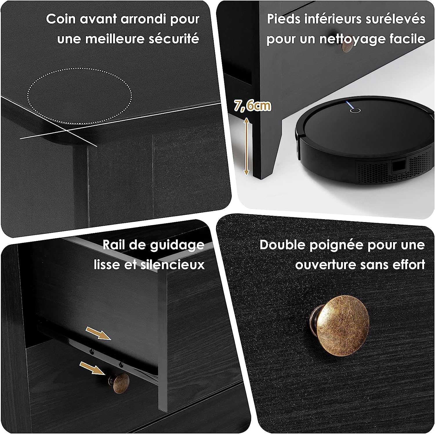 Cassettiera con 3 Cassetti, Comodino con Gambe Robuste e Struttura Stabile, per Camera da Letto, Soggiorno, Ingresso, 71 x 46 x 66 cm (Black) - 4