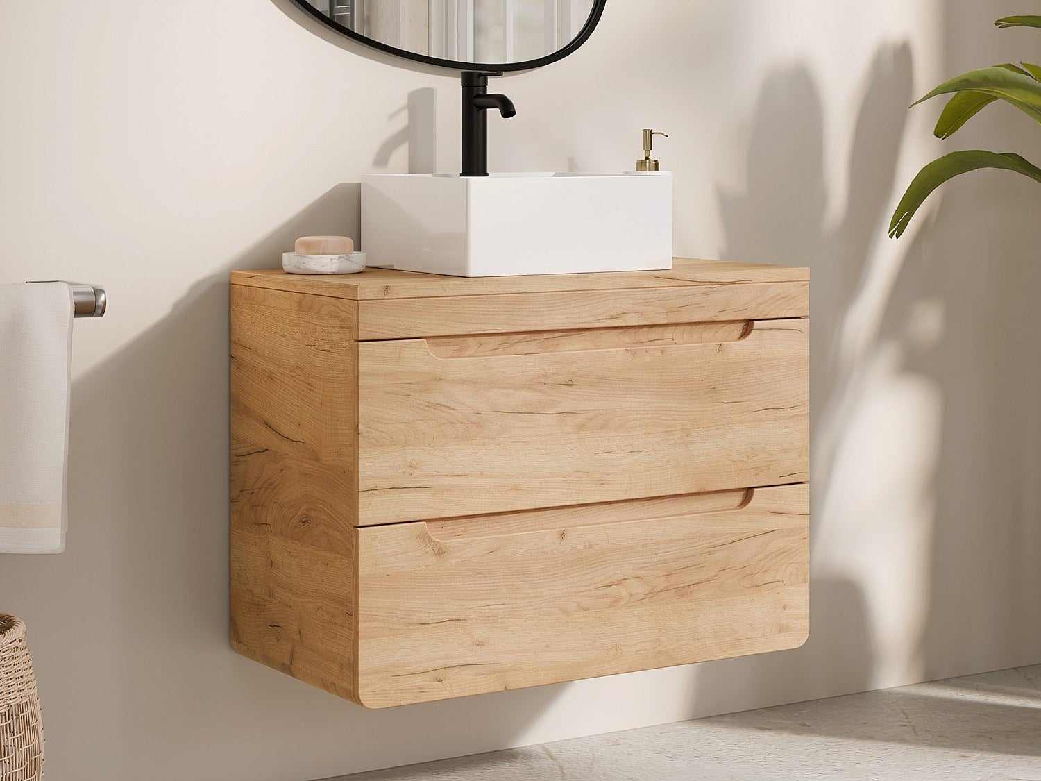 Szafka łazienkowa wisząca z kwadratową umywalką nablatową - Naturalny - 80 cm - ARUBA