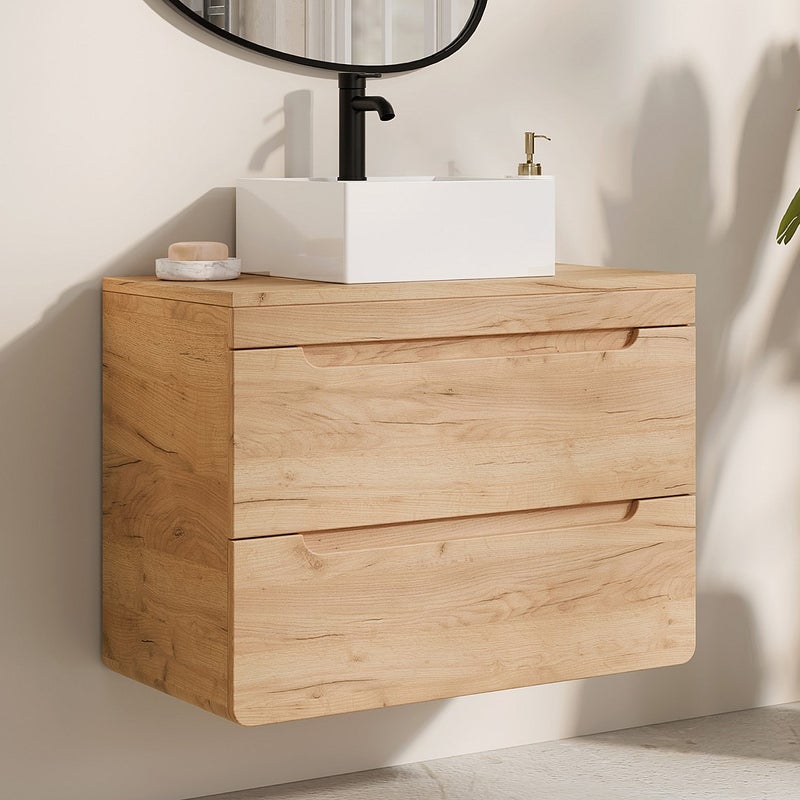 Szafka łazienkowa wisząca z kwadratową umywalką nablatową - Naturalny - 80 cm - ARUBA