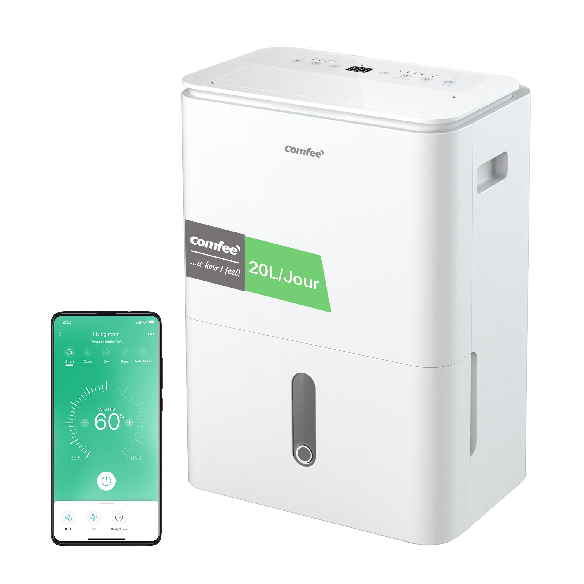 Comfee Déshumidificateur 20L/jour, 4 Modes, SècheLinge, Réservoir 3L, Pour pièce de 40㎡/100m³