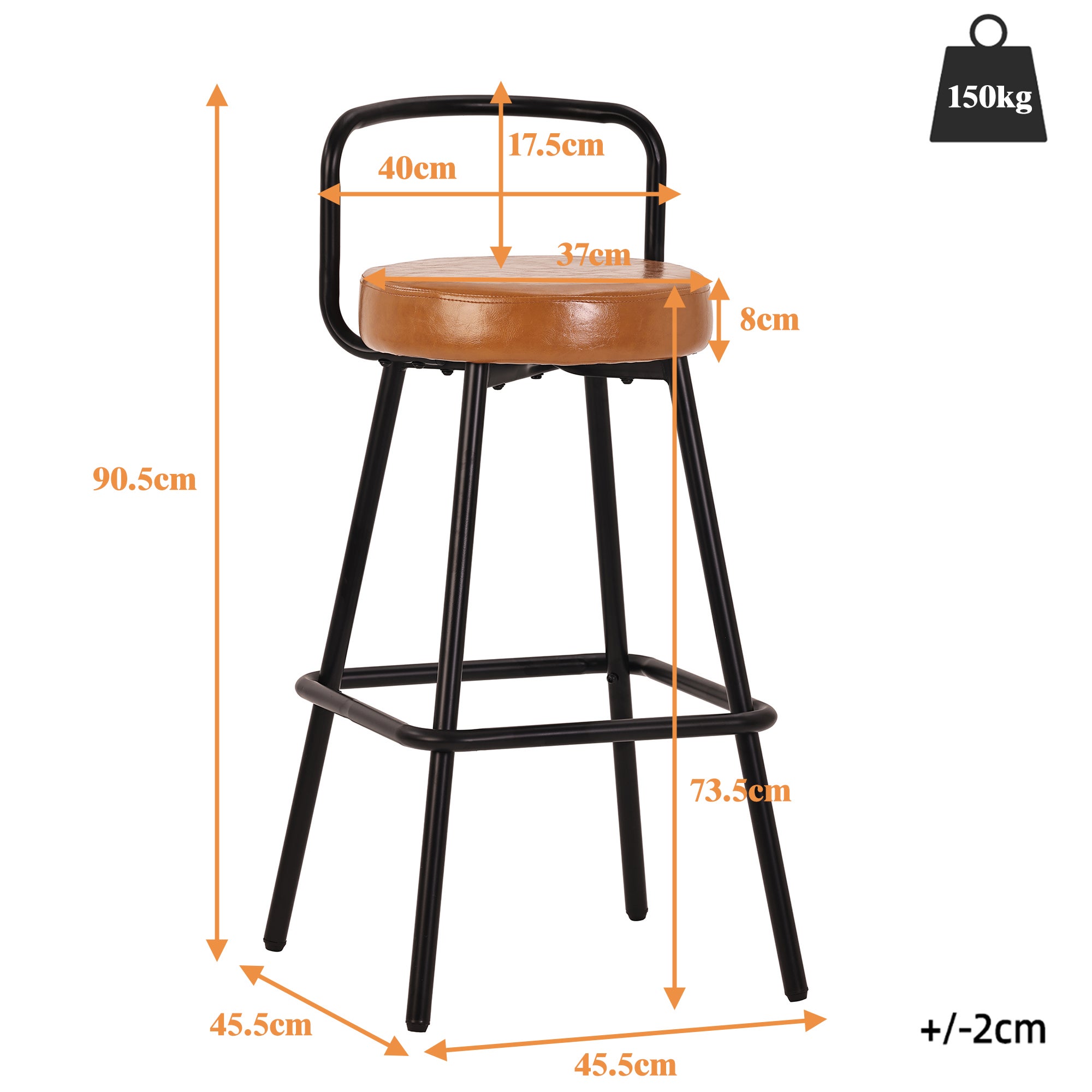 Lot de 4 Tabourets de Bar Modernes en PU Marron, Chaise de bar Dossier Ergonomique avec Pieds Métal Noir, Hauteur 90,5 cm, pour Cuisine ou Bar - 9