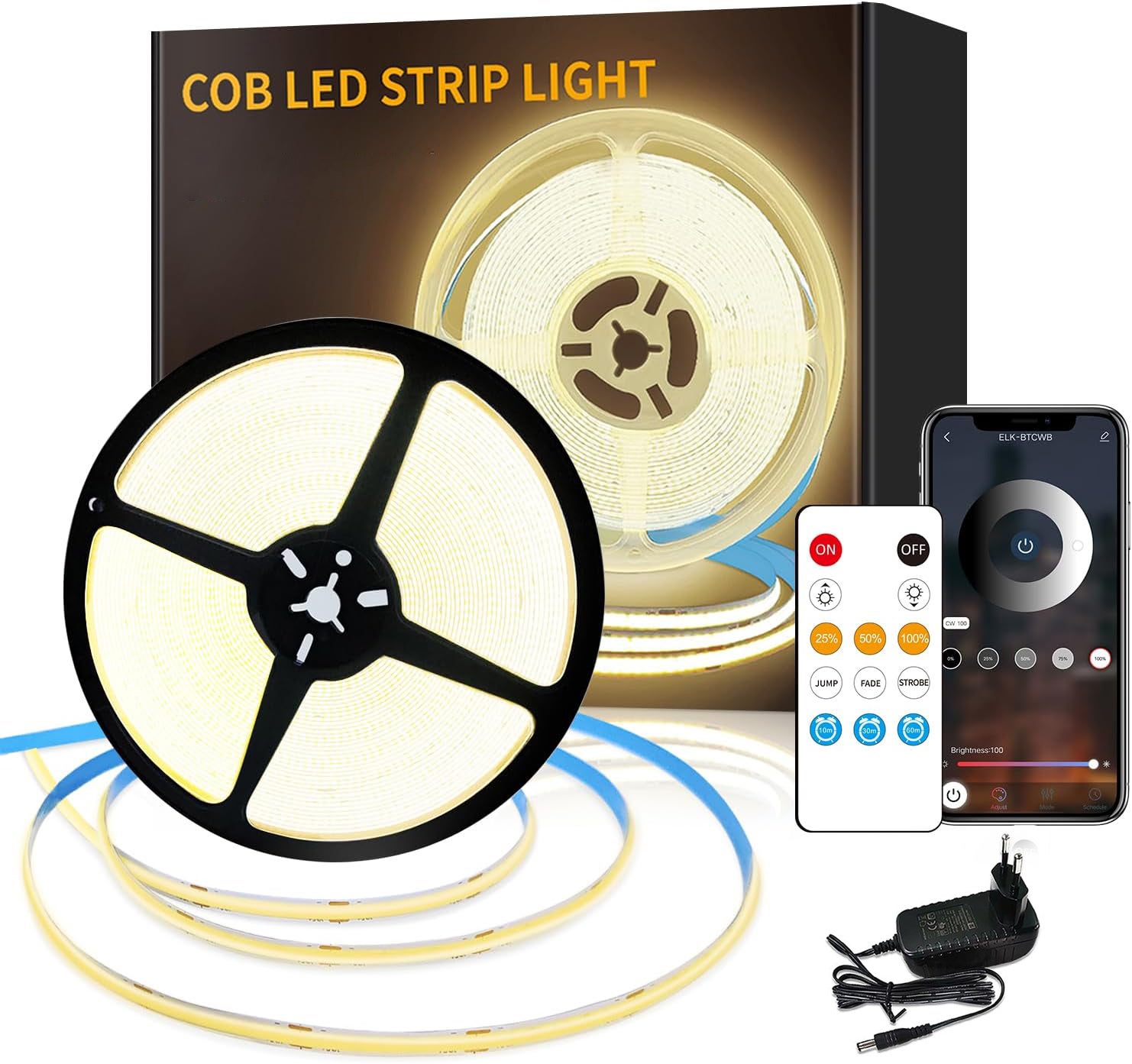 Taśma oświetleniowa LED, 20 m - 6400 LED, taśma oświetleniowa LED COB z pilotem i aplikacją, samoprzylepna taśma oświetleniowa LED, światło białe