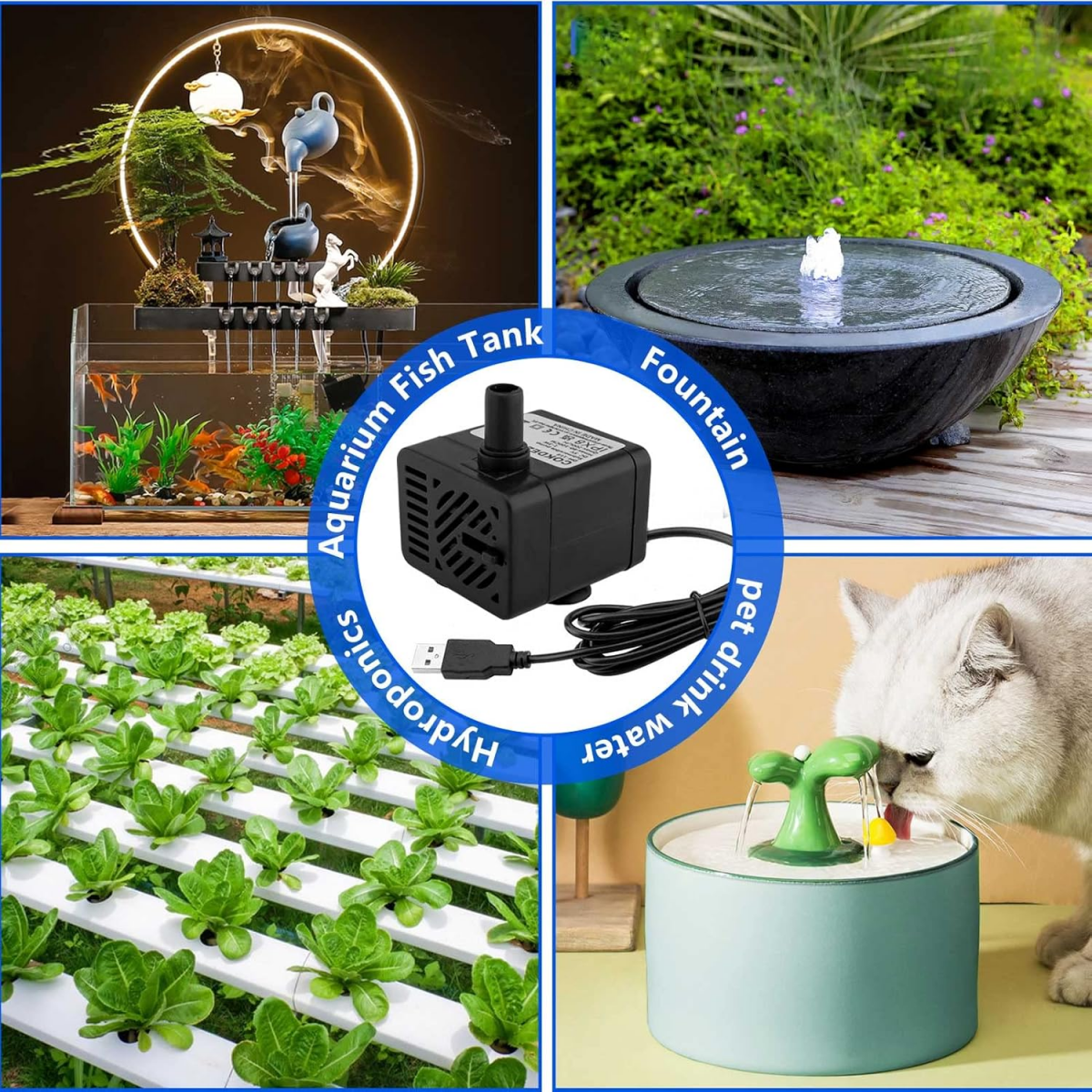 Mini bomba de água submersível USB (DC 5 V 1-3 W 200 L/H) ajustável, ultra silenciosa, pequena bomba de água para animais de estimação, aquário, lago - 2