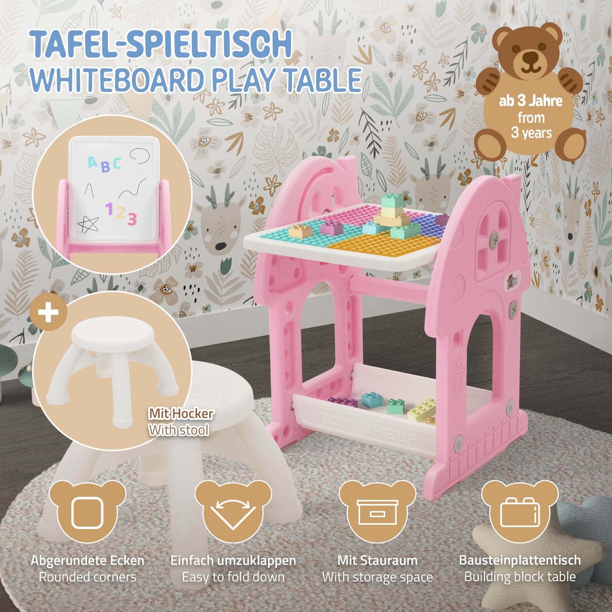 Joyz stolik dzieciecy 2 w 1 z tablica i krzeselkiem 60x50x45cm rozowo bialy hdpe stolik do zabawy dla dzieci od 3 lat taboret zestaw mebli dzieciecych - 2