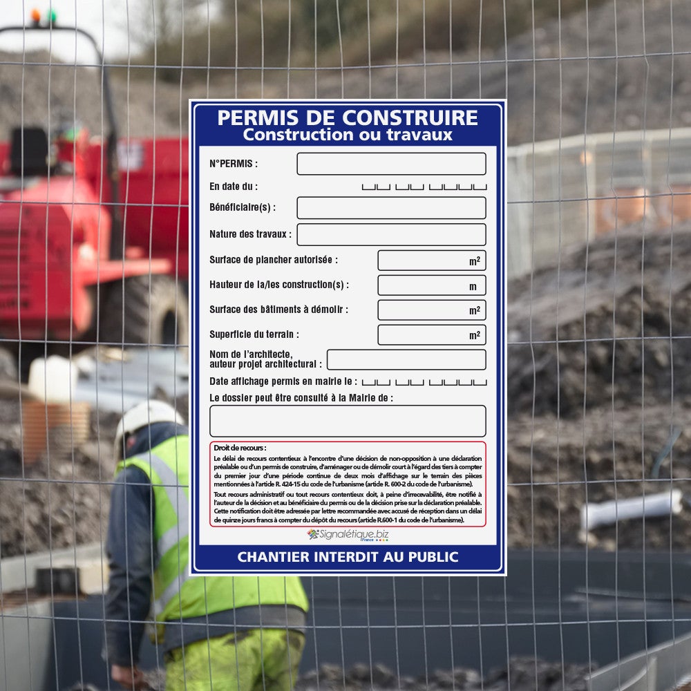Panneau permis de construire, construction ou travaux + marqueur noir - Avec oeillets - 6
