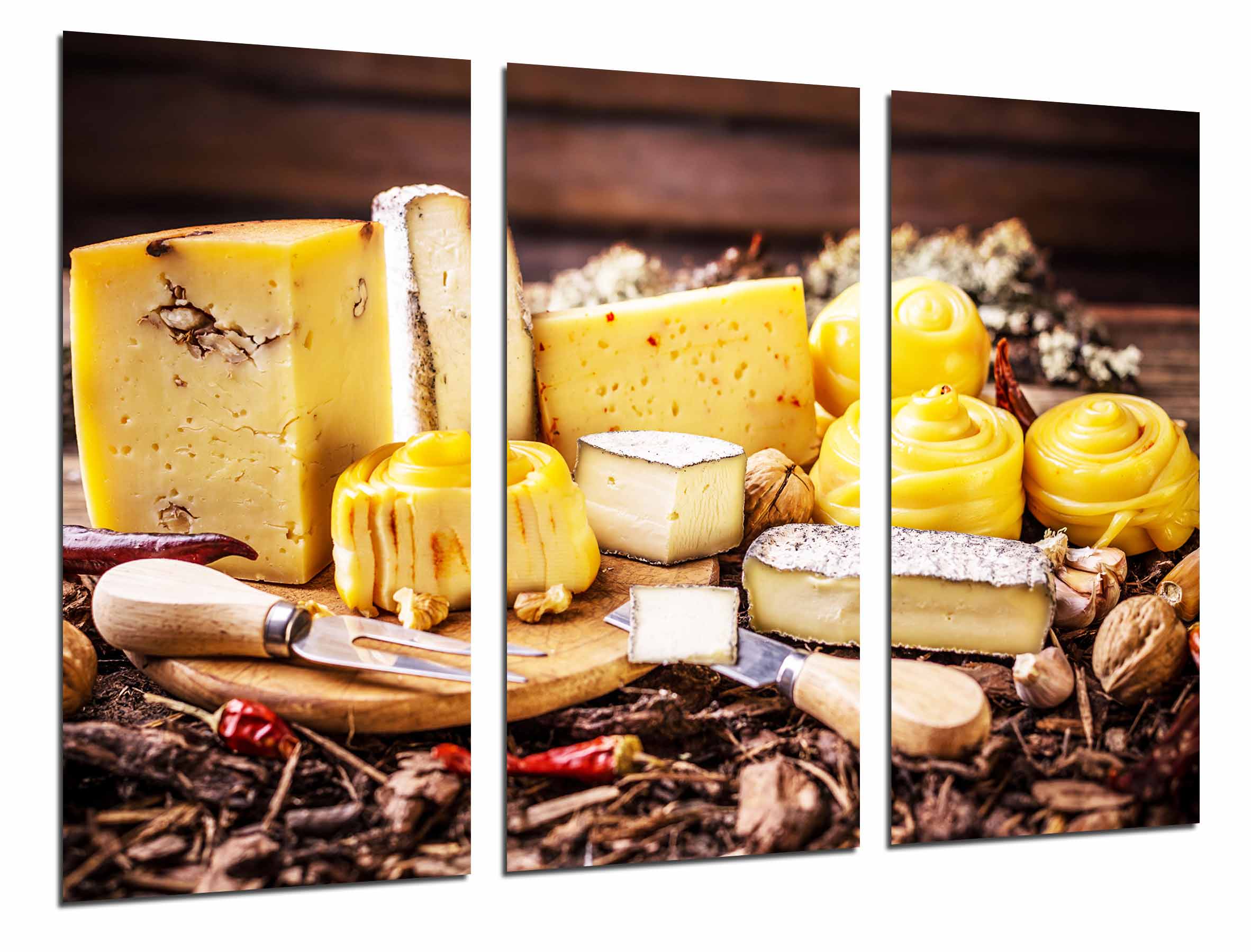 Charcuteria, queseria, tipos queso tabla, guindillas,, impresión fotográfica sobre madera, cuadro moderno decorativo