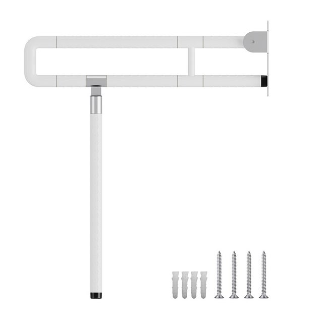 Barra de apoio para sanita rebatível com pé de apoio Suporte Fixação à parede aço inoxidável antiderrapante 60 cm de comprimento Branco