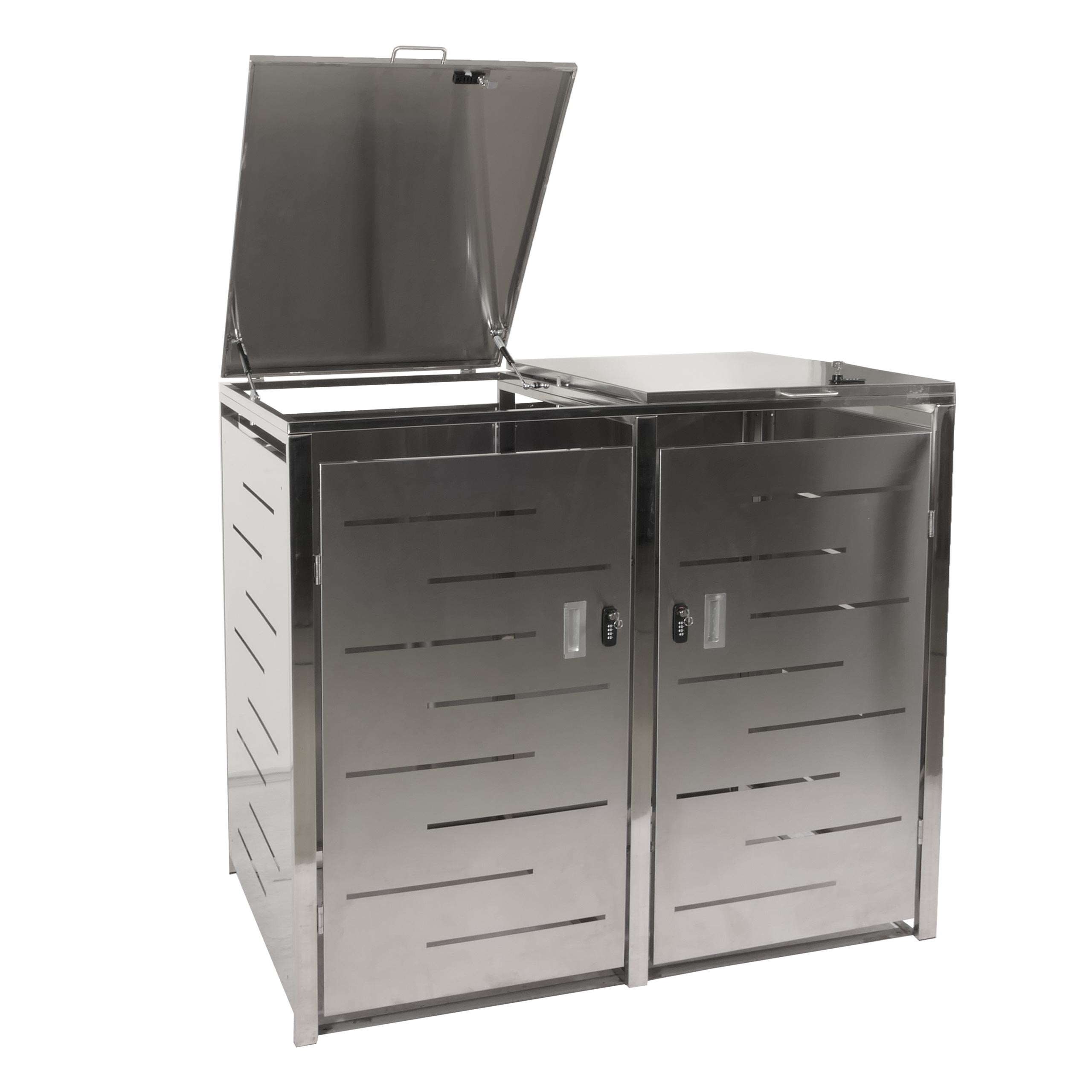 2-pojemnikowa pokrywa kosza na śmieci HWC-E83, pokrywa kosza na śmieci, rozszerzalna 117x131x80cm ~ stal nierdzewna 48kg