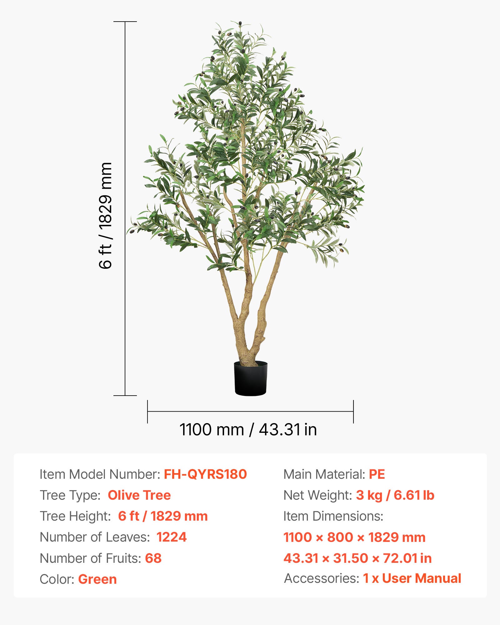 Albero Artificiale Olivo 1,8 m VEVOR, Pianta Decorativa in PE con Vaso Nero, Fogliame Realistico, Finto Ulivo per Ufficio, Camera da Letto, Interni - 7
