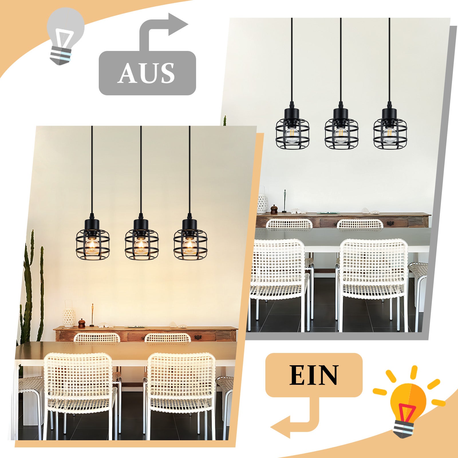 ZMH Lampa wisząca z metalu w stylu vintage, 3 żarówki, gniazdo E14, kolor czarny, regulowana wysokość, żarówka nie jest dołączona - 4