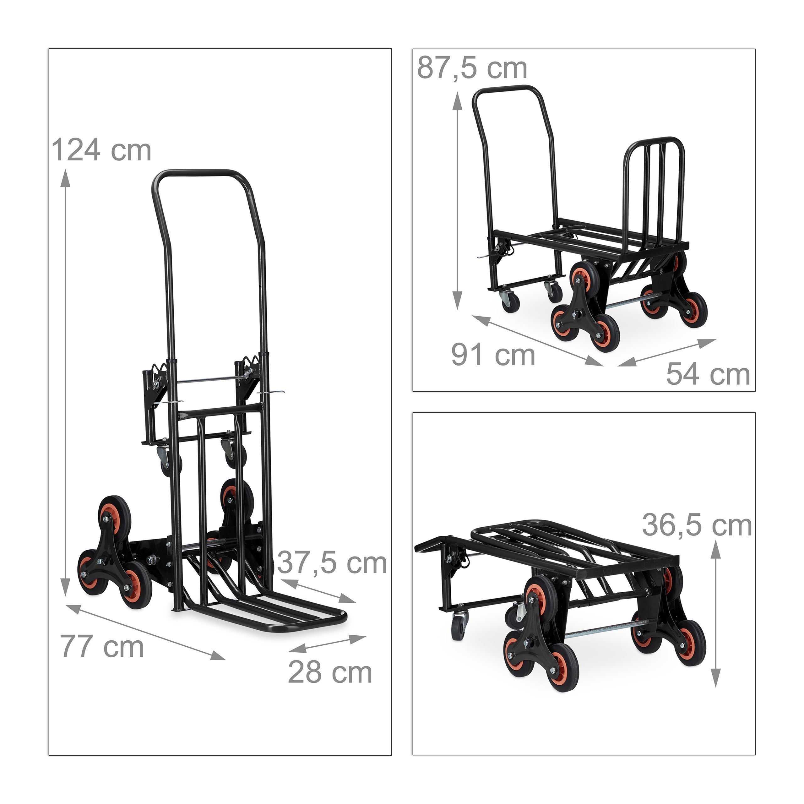 Diable pour escaliers, chariot de transport, porte-charge pliable, jusqu'à 50/150 kg, roue en caoutchou, noir, Relaxdays - 4