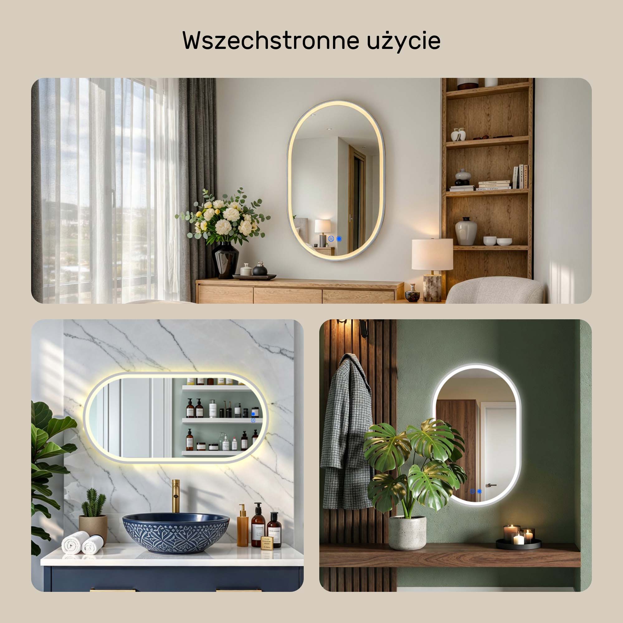 Lustro łazienkowe LED owalne 50x80 cm ARTFORMA – podświetlane, antyzaparowe, dotykowe, Srebrny szczotkowany - 4