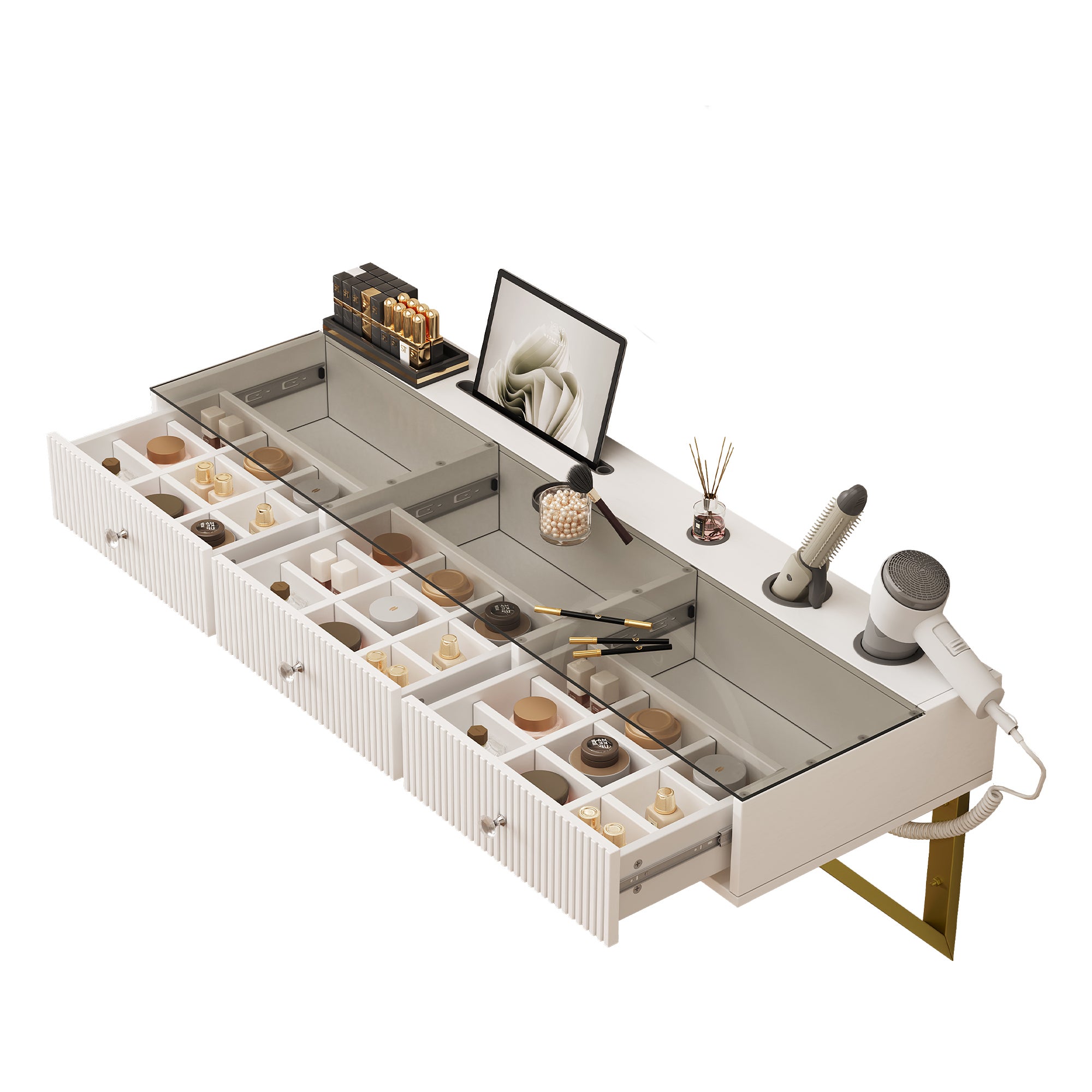 Coiffeuse murale avec 3 tiroirs - MDF + panneau de particules + plateau en verre - 120 x 40 x 45 cm - Blanc (sans tabouret et miroir) - 11