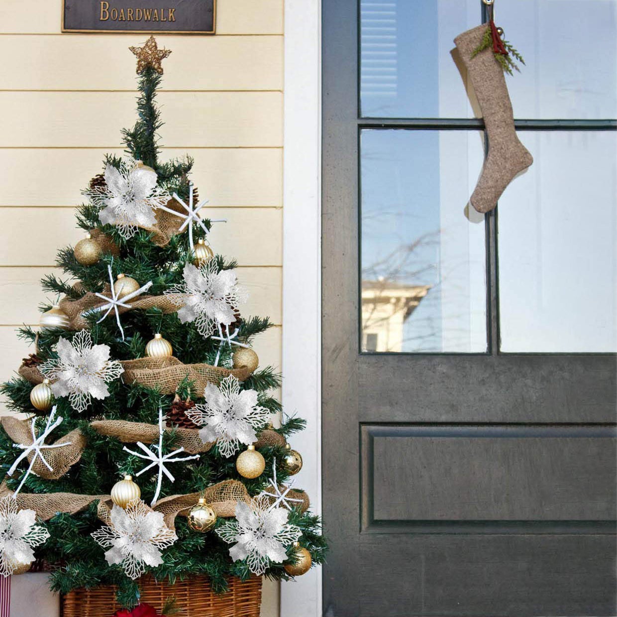 10 pezzi di decorazioni natalizie, fiori artificiali natalizi con clip, decorazioni scintillanti per l'albero di Natale, pendenti natalizi - 4