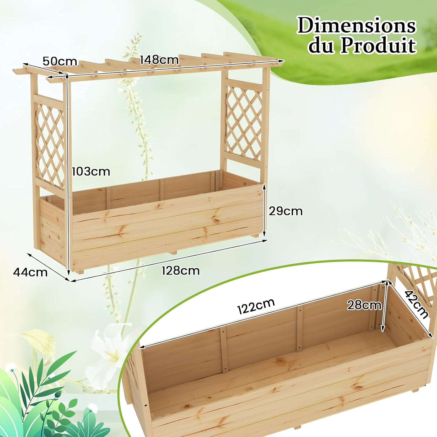 Jardinière avec 2 Treillis Latéraux Toit Suspendu en Bois Massif avec Trou de Drainage, Lit de Jardin Surélevé, 148,5 x 50 x 103,5 cm, Naturel - 5