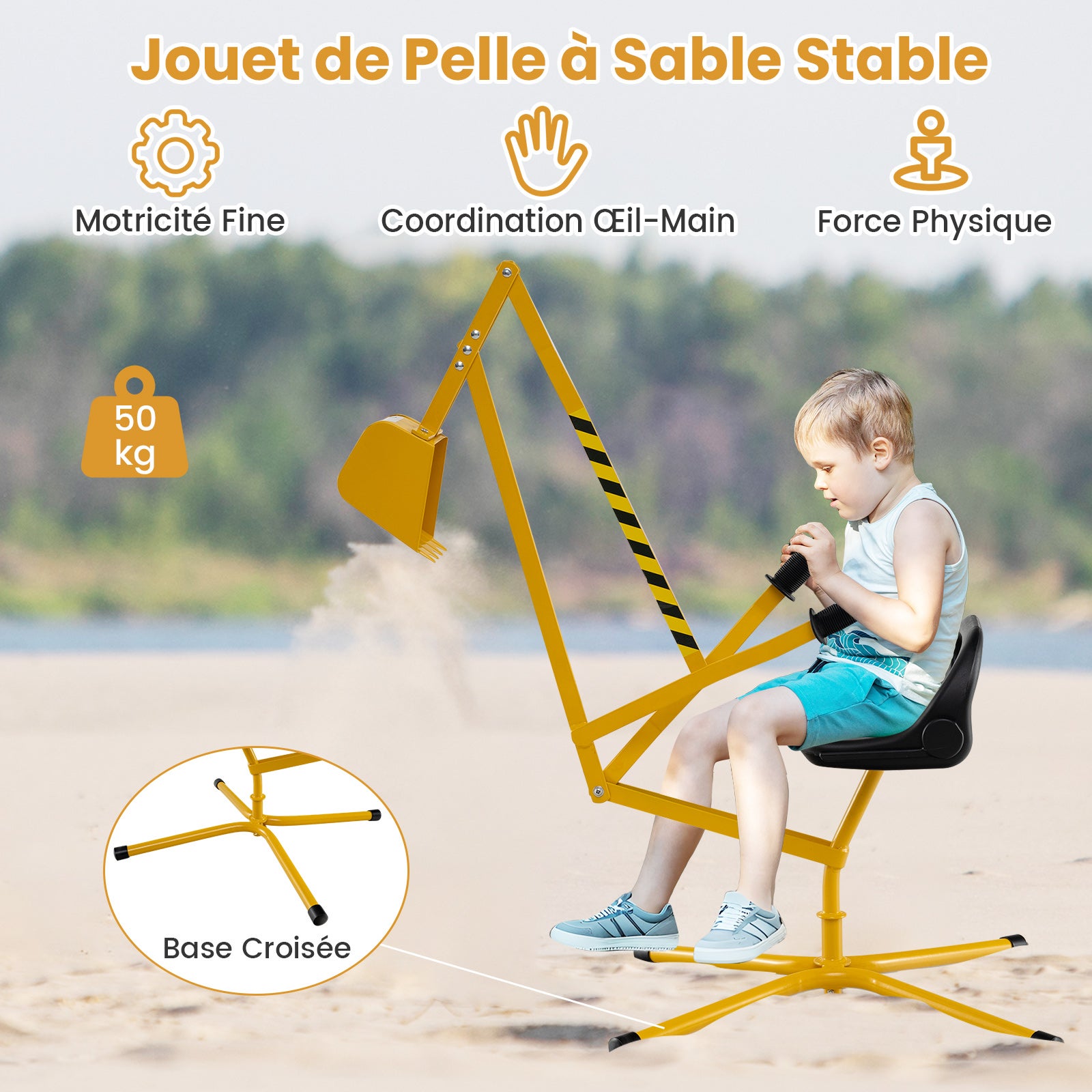 Pelle à Sable Excavateur Enfant avec Siège Rotatif & Bras Flexible, Pelleteuse Excavatrice Manuelle Base Croisée, Charge 50kg pour Sable Neige, 3 Ans+ - 4