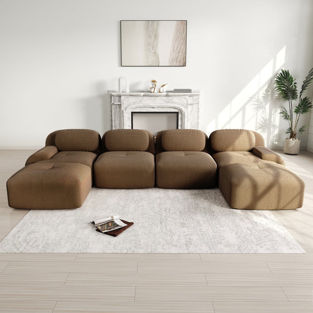 Sofa modułowa w kształcie litery U, sztruks, nie wymaga montażu, tapicerka wysoce elastyczna, brązowa
