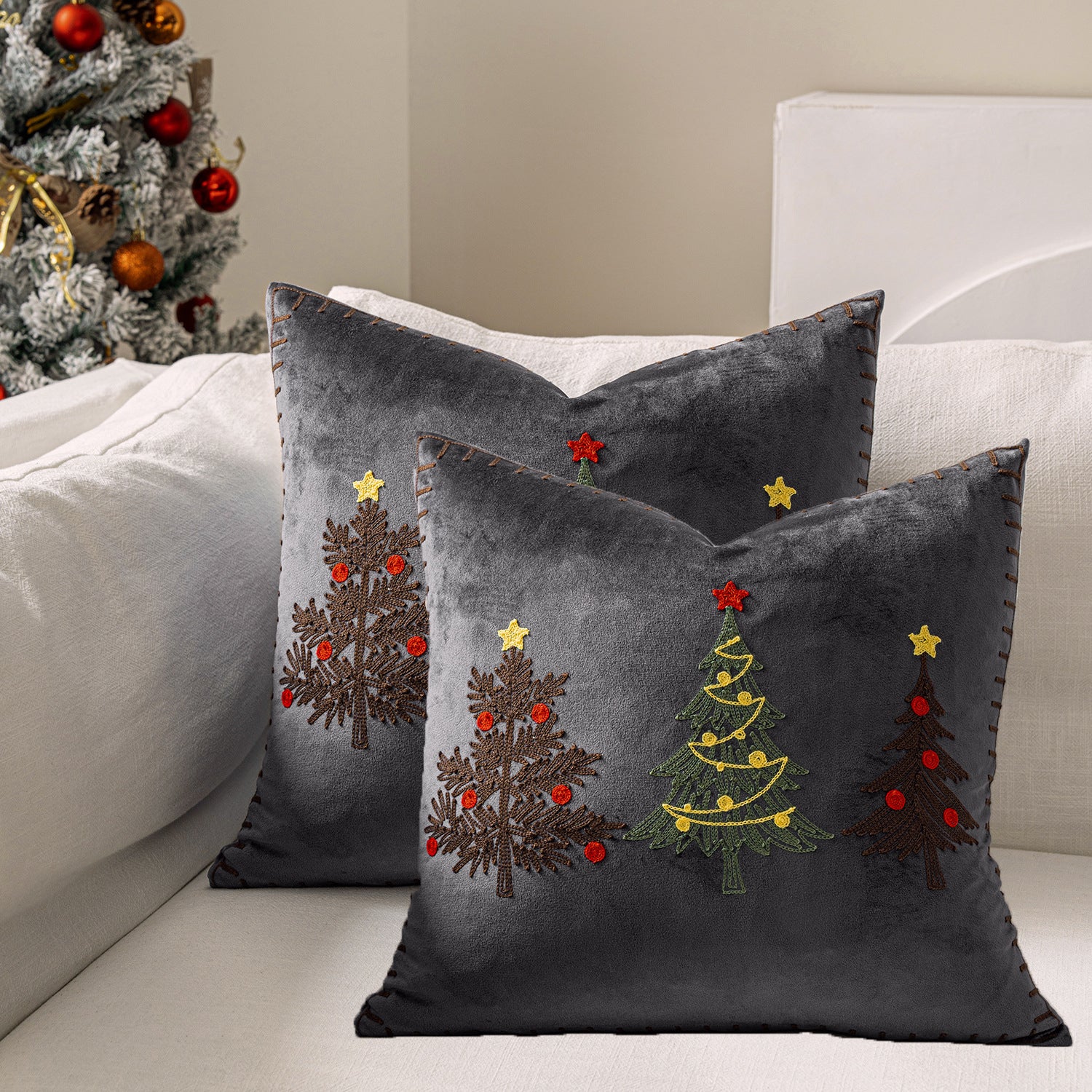 Lot De 2 Housses De Coussin De Noël - Motif Sapin Bleu, Taille 45 X 45 Cm, Tissu Peluche Doux, Lavable En Machine - 8