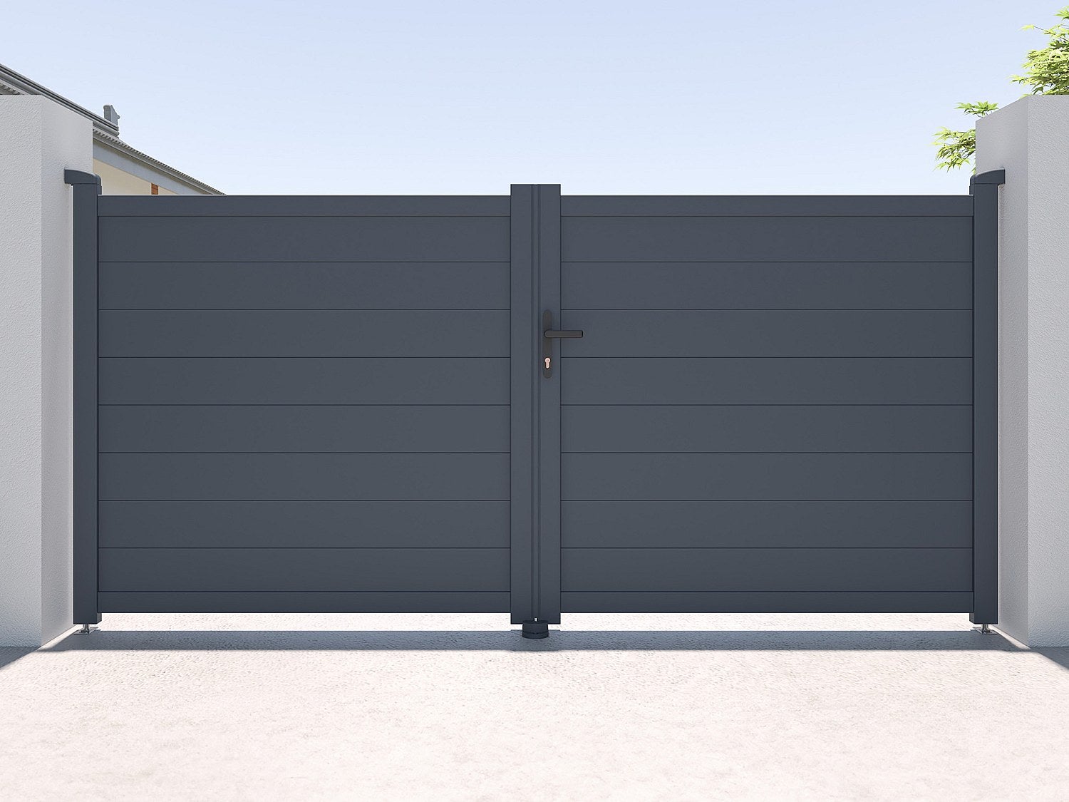 Brama elektryczna rozwierna pełna z antracytowego aluminium szer. 305 x wys. 150 cm - NAZARIO