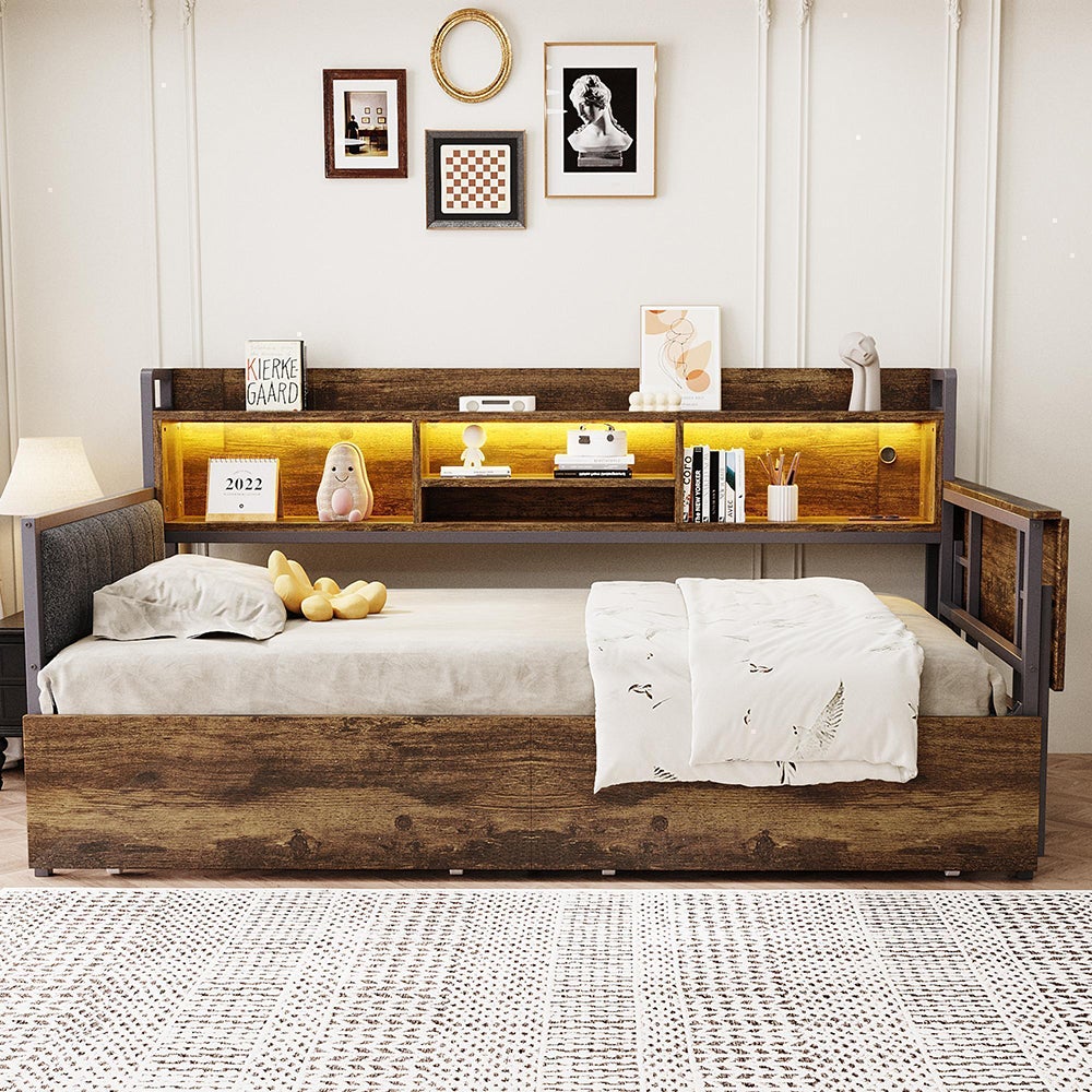 Rozkładana sofa 90 x 200 cm, z oświetleniem LED i schowkiem, szufladami i wielofunkcyjnym gniazdem, składanym biurkiem, metal, kolor naturalny