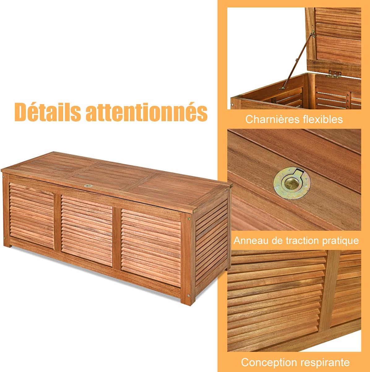 Baule da Giardino 178L, Cassapanca Contenitore in Legno di Acacia con Coperchio e Maniglia, Panca Contenitore per Interni e Esterni, 120,5 x 4 - 6