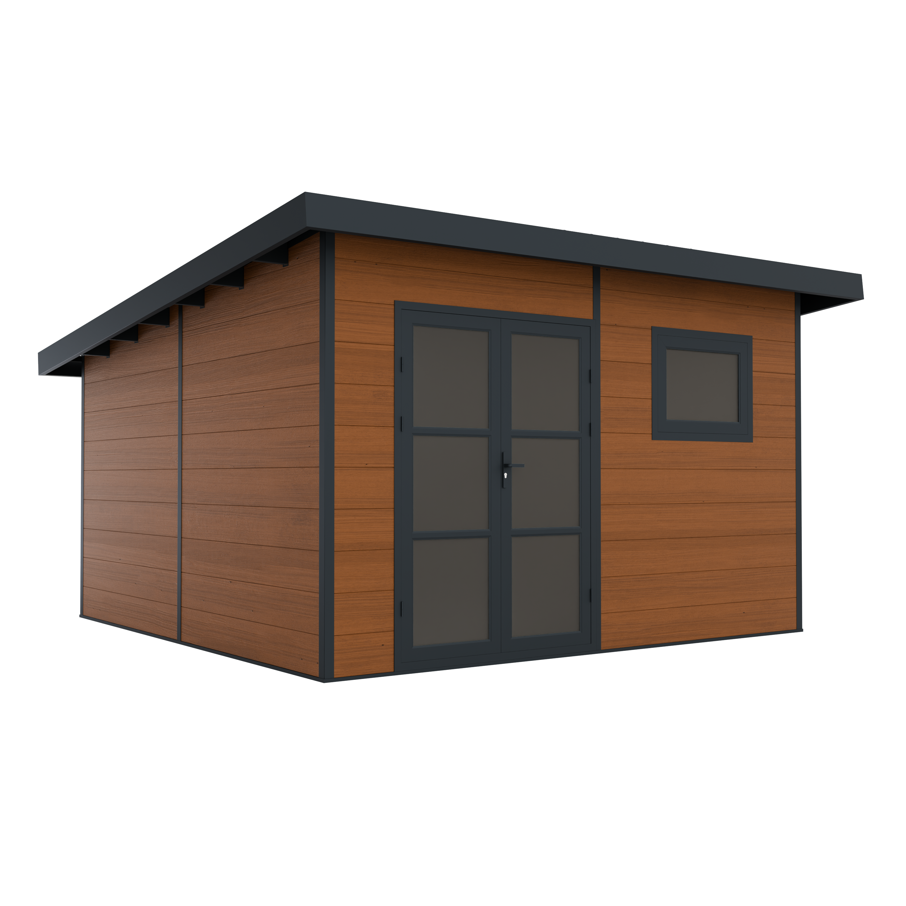 Caseta de madera composite ALMA - 15m² marrón - Grosor de lamas: 28 mm - Caseta de jardín - Rejillas de ventilación - Puerta doble - Canalón - 3