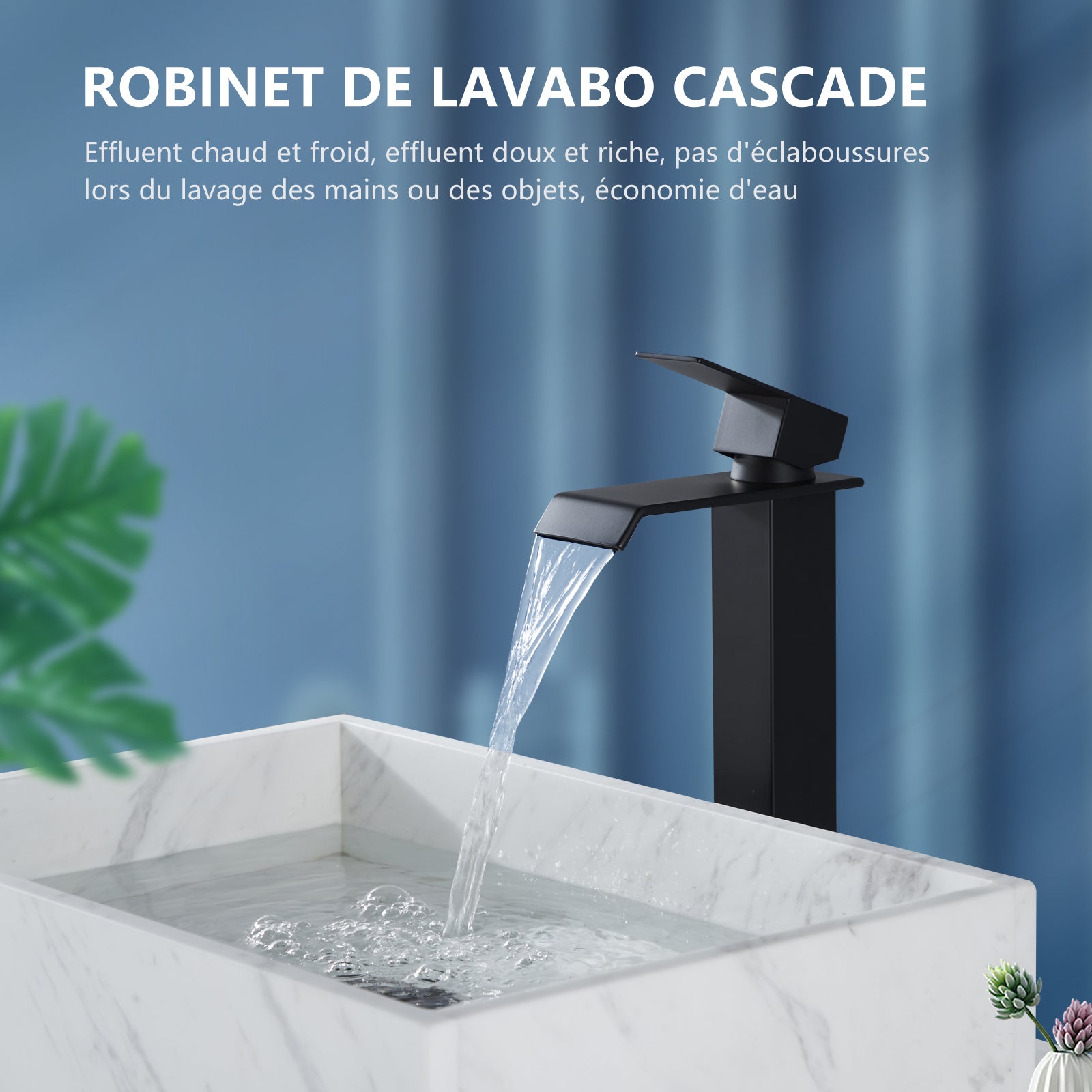 Mitigeur de Lavabo Cascade Bec Haut Noir – Robinet Salle de Bain en Acier Inox SUS304, Eau Chaude/Froide, Design Moderne à Levier Unique - 4