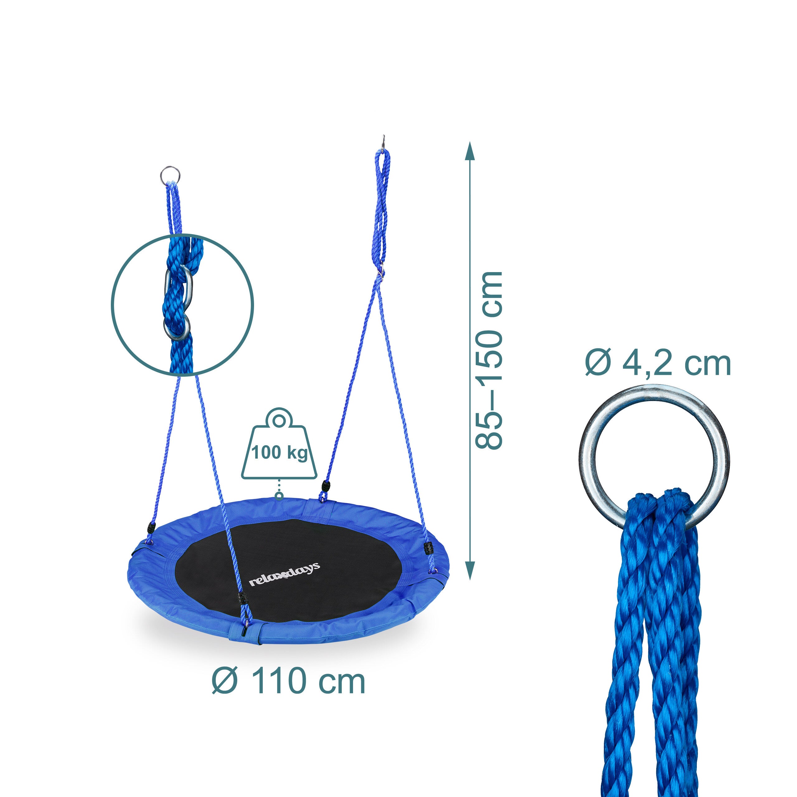 Balançoire nid d'oiseau rond 110 cm à suspendre enfant adulte jardin extérieur Ø 110 cm, 100 kg, bleu, Relaxdays - 4