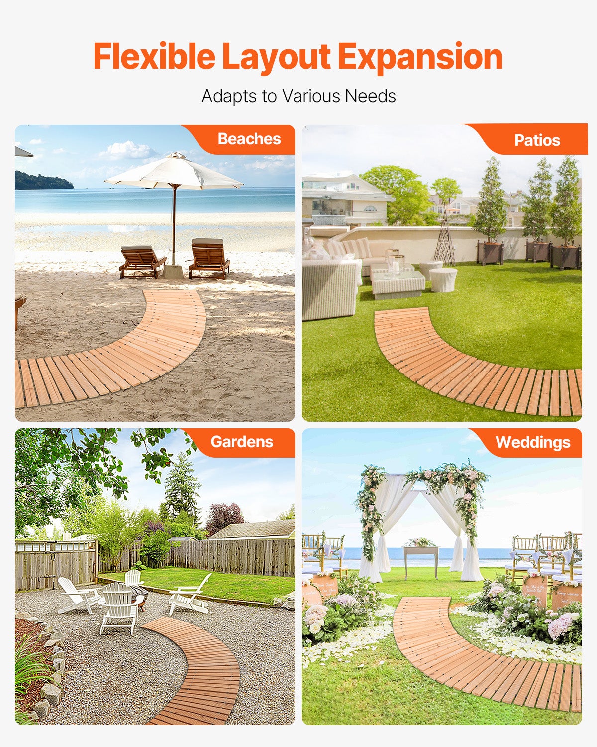 Allée de jardin en bois,VEVOR 8 pi x 17 po,cèdre incurvé antidérapant,connexion par câble,chemin décoratif extérieur pour cour - 6
