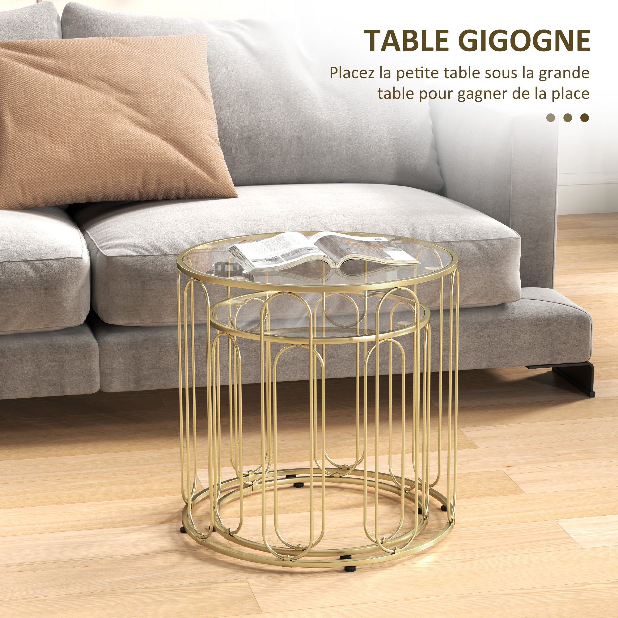 Lot de 2 tables basses gigognes rondes modernes avec cadre en métal et plateau en verre trempé, ton doré - 6