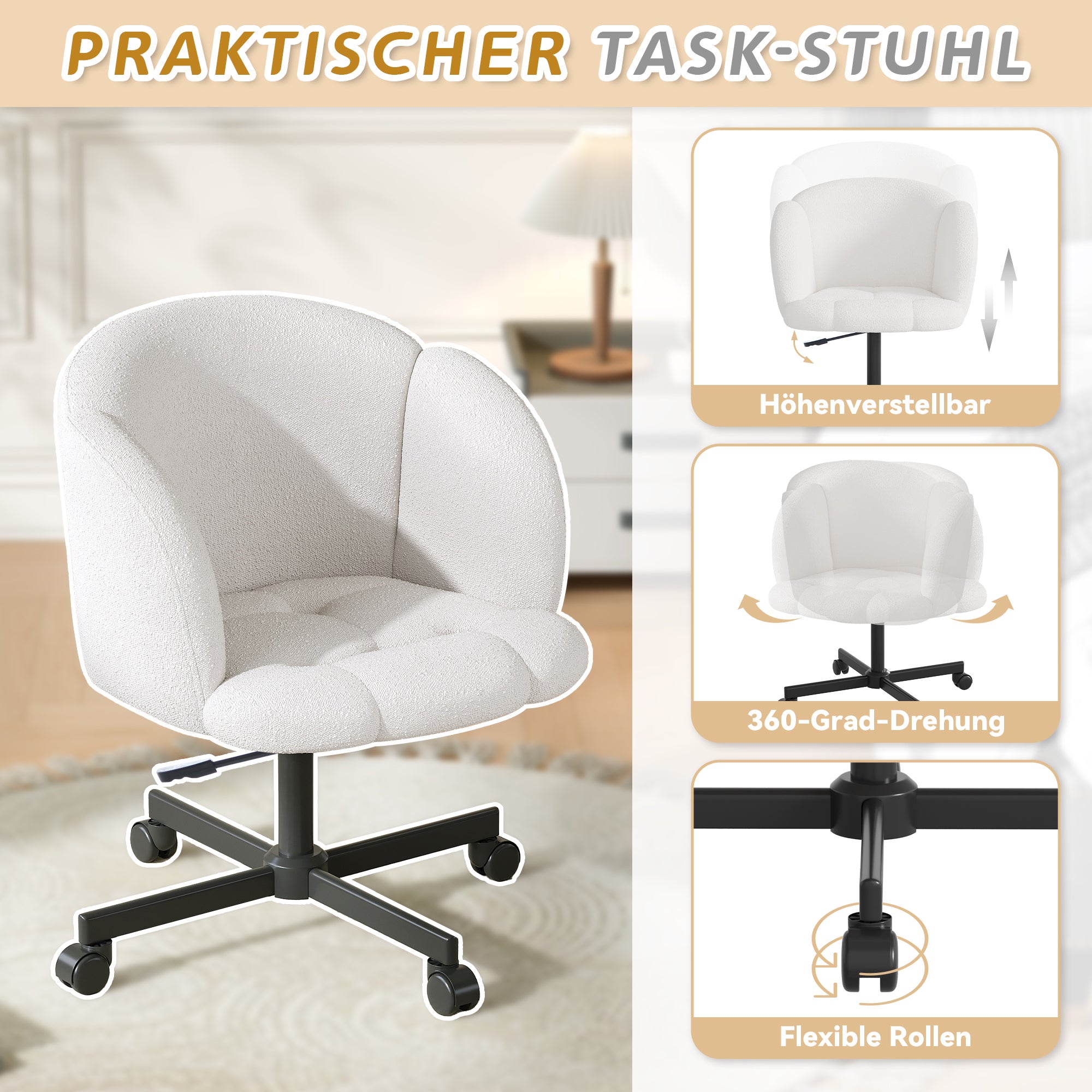 Chaise pivotante réglable avec accoudoirs - L 66 x P 64 x H 77/87 cm - Tissu en peluche - Beige - 8