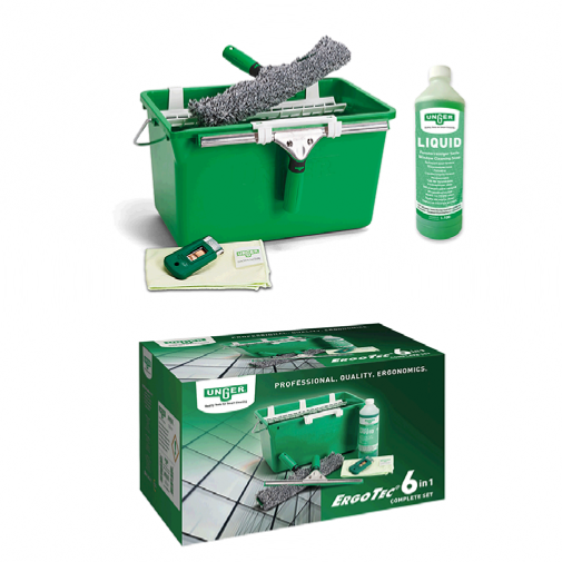 Kit complet pour nettoyage de vitres ERGOTEC 6 en 1 - Mouilleur, raclette, seau, bidon, grattoir et chiffon - UNGER - 2