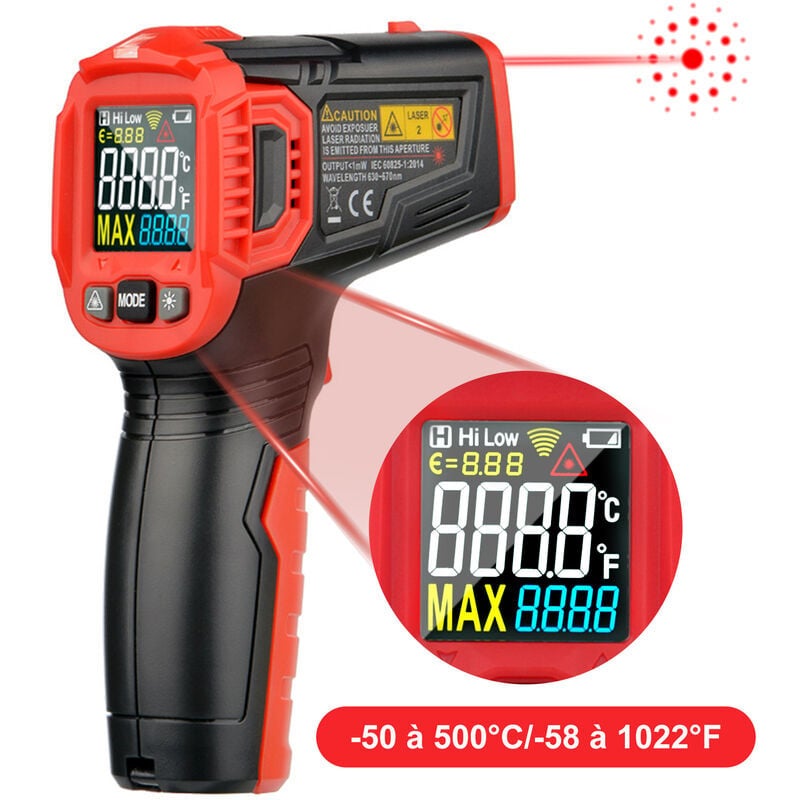 Cyfrowy termometr laserowy na podczerwień, -50 do 500 °C/-58 do 1 022 °F - Podświetlany ekran LCD