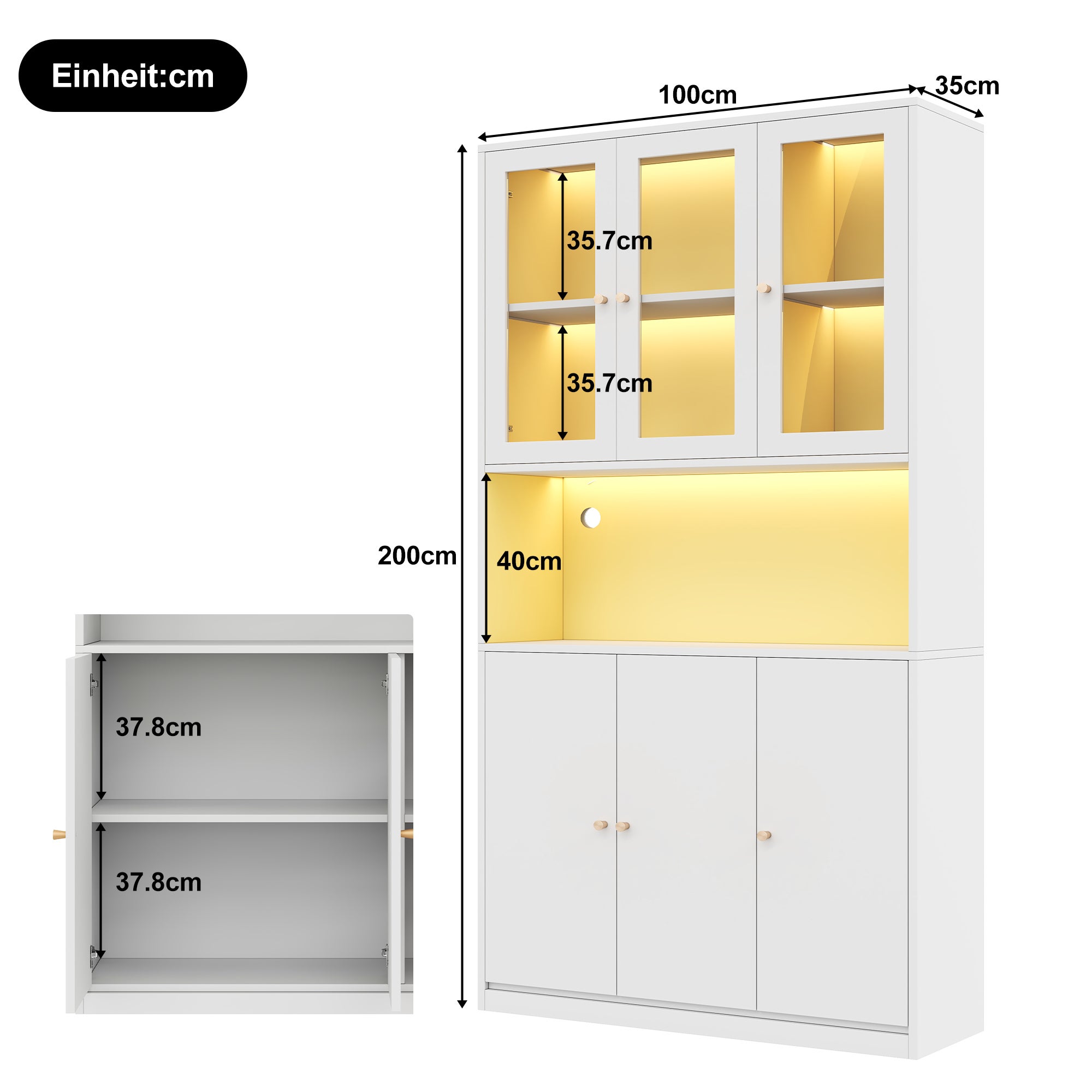 Bibliothèque LED 100×35×200 cm avec 6 portes de rangement Vitrine de salon avec compartiment ouvert MDF Blanc - 6