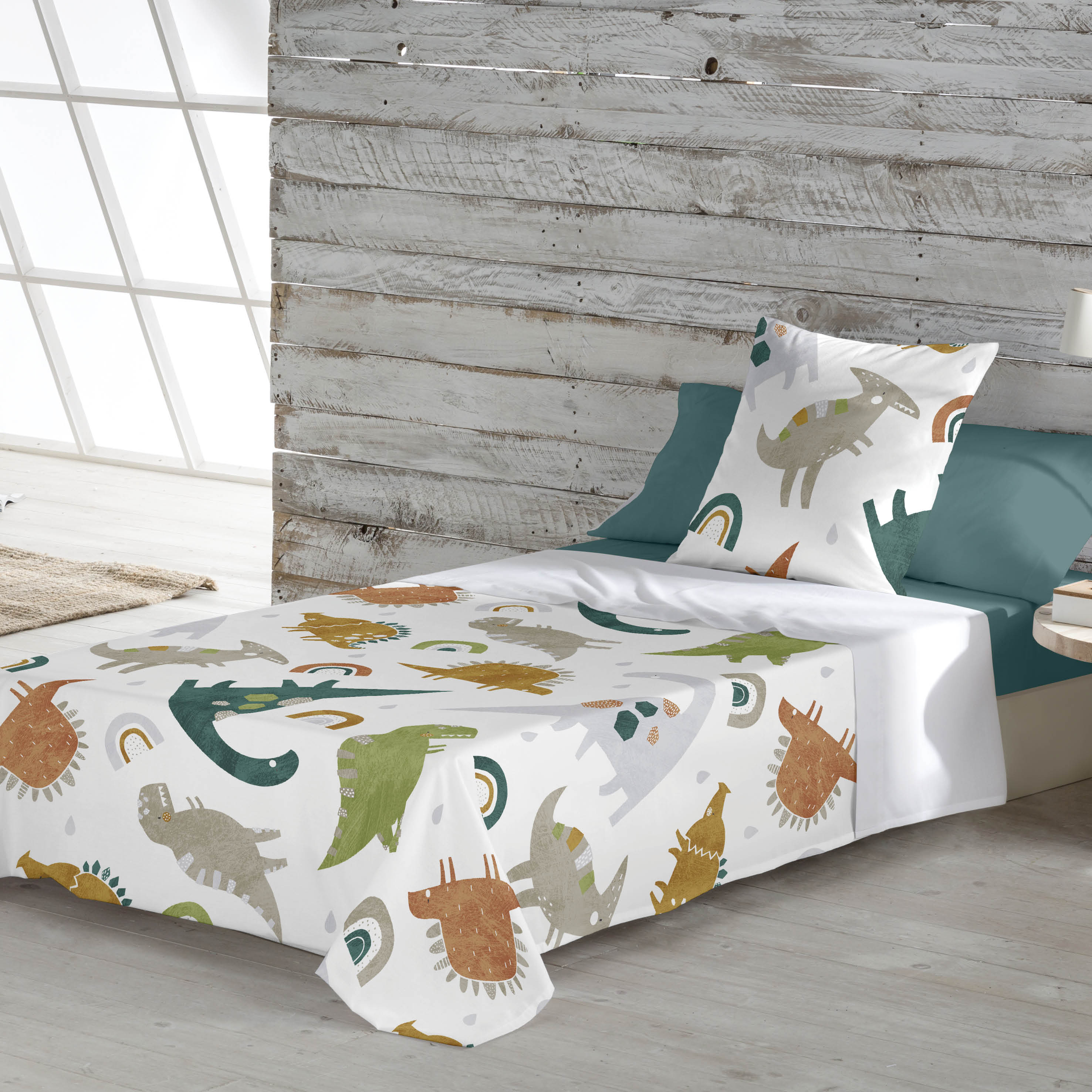Naturals - juego de sábanas estampadas 3 piezas cama 90 - algodón incluye sábana encimera + 1 funda de almohada + 1 sábana bajera - saurio