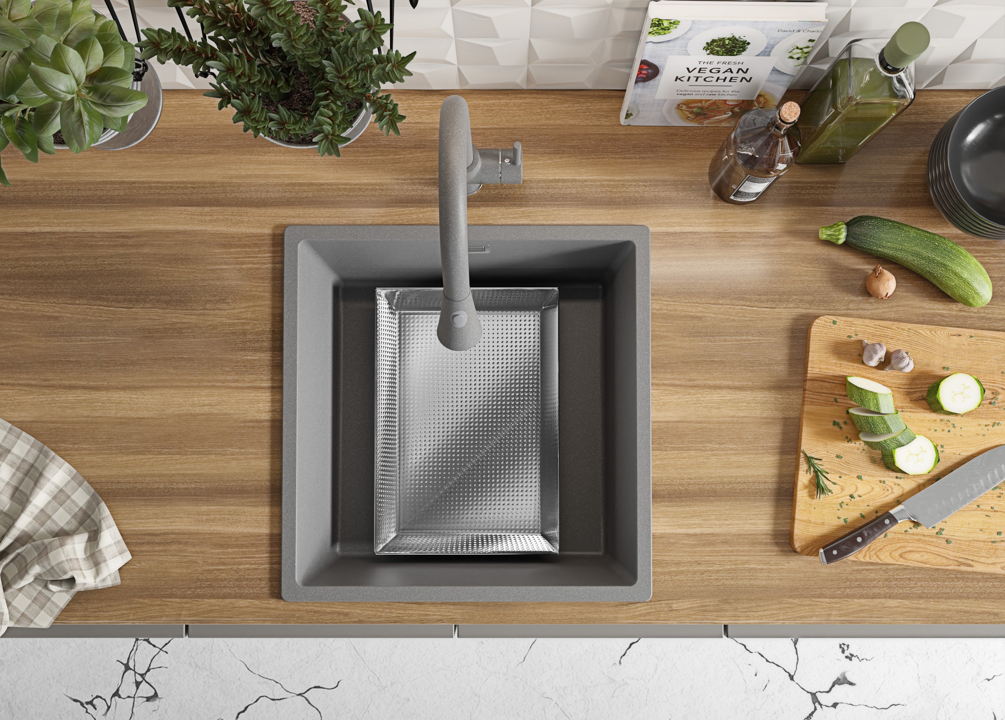 Evier Cuisine en Granit Gris 46x47cm, Lavabo 1 bac + Kit de Vidage, Évier à Encastrer au meuble 50cm - London Slim PRIMAGRAN - 4