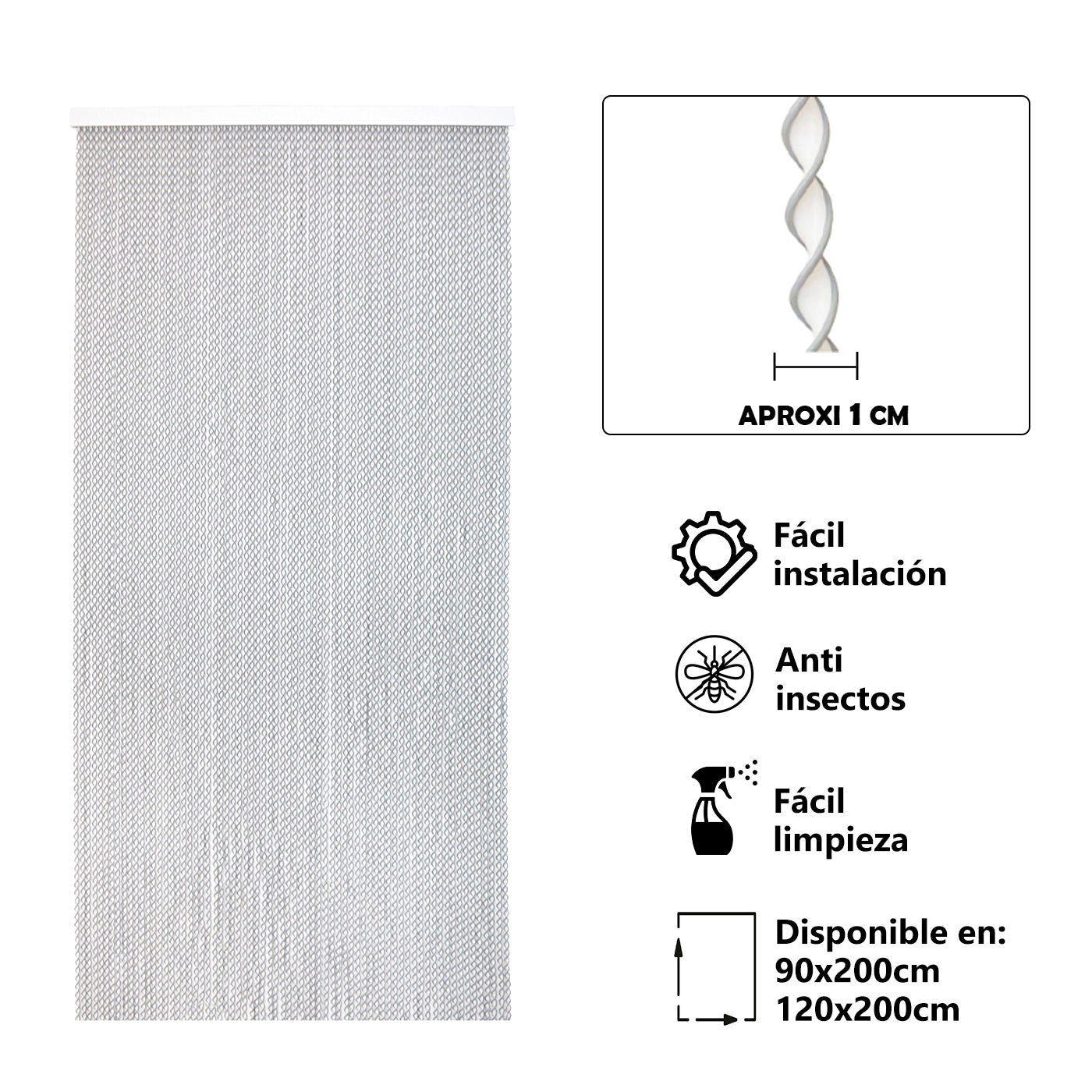 Aitsse- cortina espiral de pvc para puerta exterior o interior(200x120cm, blanco+filo gris r3)