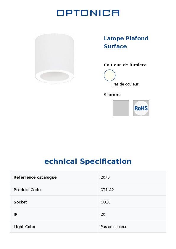 Lampada da soffitto a superficie rotonda - GU10 - Bianco - 10W max - Ø70mm - 6