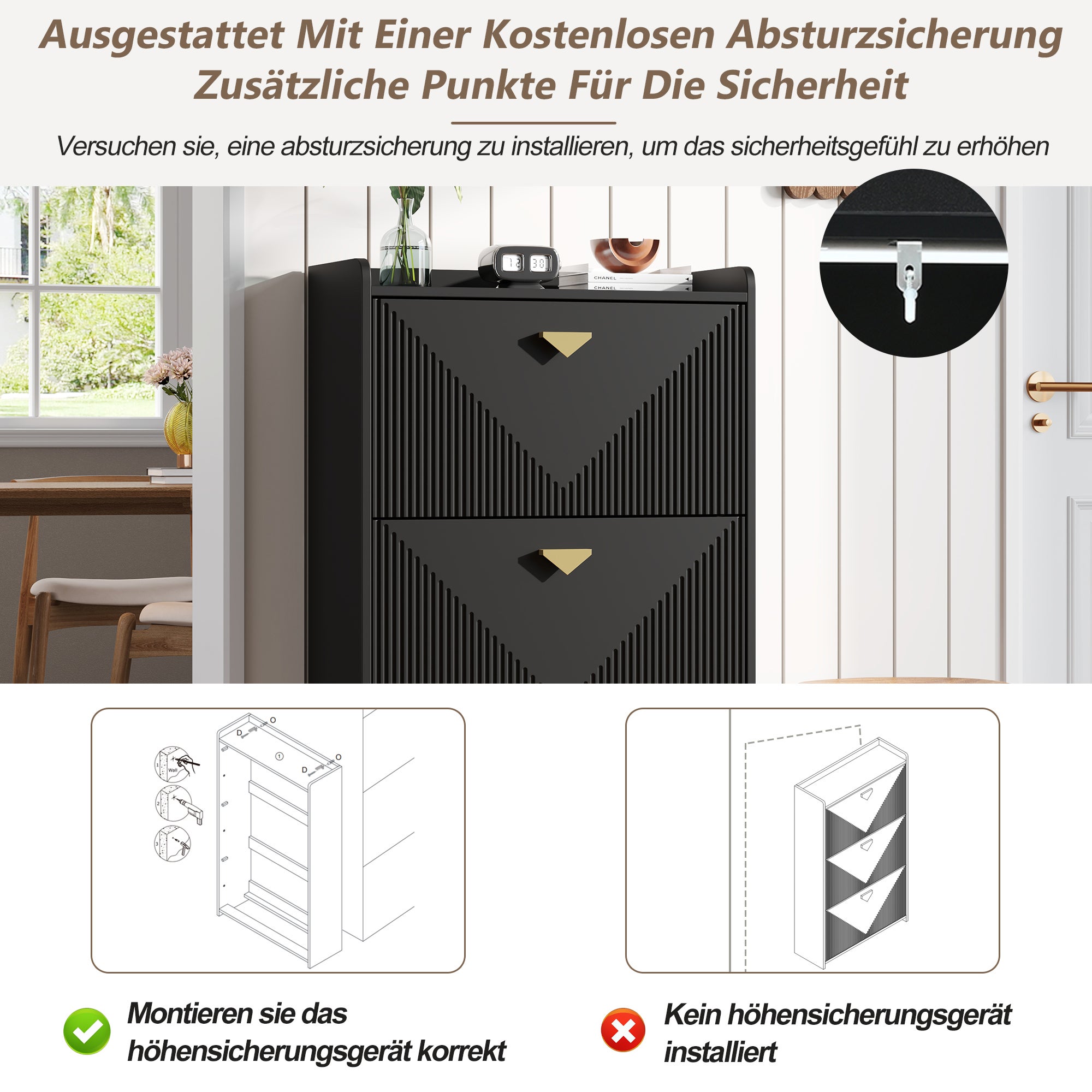 Meuble à chaussures avec 3 portes rabattables - 70 x 30 x 120 cm - MDF - Noir - 7